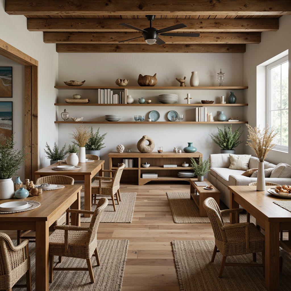 Prompt: Rustic wooden tables, woven sea grass chairs, natural fiber rugs, driftwood decor, coral-inspired vases, ocean-blue glassware, creamy white ceramics, weathered metal accents, reclaimed wood shelves, nautical-themed artwork, soft warm lighting, shallow depth of field, 3/4 composition, panoramic view, realistic textures, ambient occlusion.