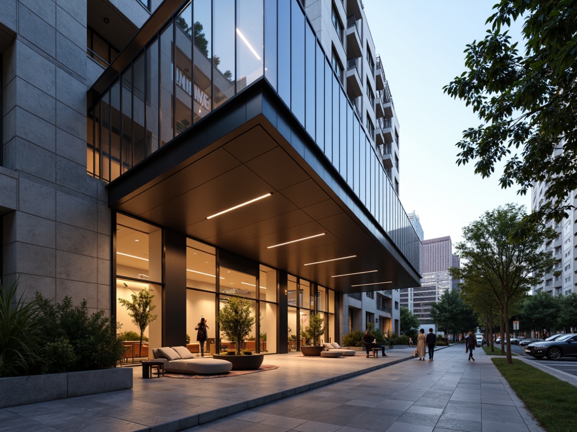 Prompt: Sleek Modern hotel facade, curved lines, minimalist aesthetic, polished chrome accents, floor-to-ceiling glass windows, geometric patterns, angular shapes, futuristic ambiance, luxurious lobby, marble floors, ambient lighting, warm color palette, cozy seating areas, natural stone walls, urban cityscape view, morning sunlight, shallow depth of field, 1/1 composition, panoramic view, realistic textures, ambient occlusion.