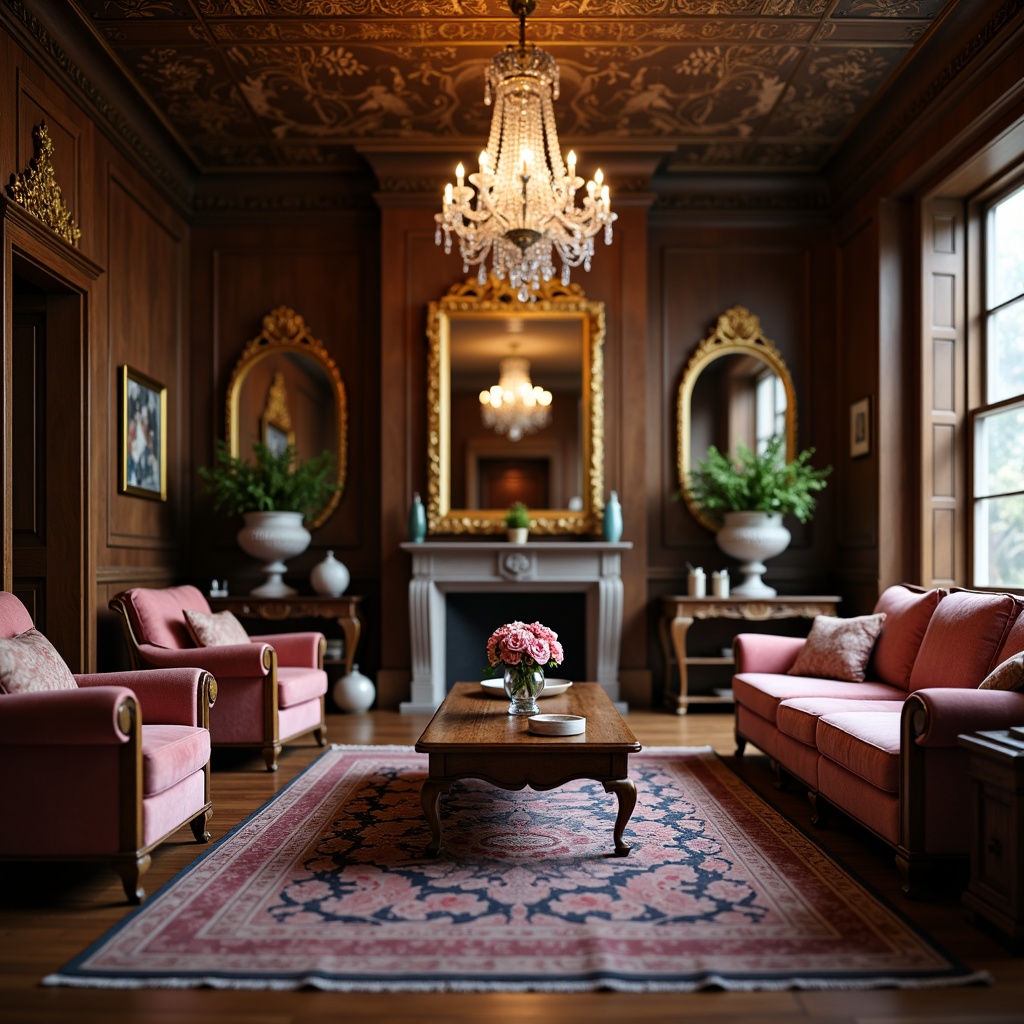 Prompt: Luxurious traditional living room, intricately carved wooden furniture, velvet upholstered sofas, ornate mirrors, crystal chandeliers, richly patterned rugs, dark wood paneling, vintage artifacts, warm golden lighting, soft focus blur, shallow depth of field, 1/2 composition, realistic textures, ambient occlusion.