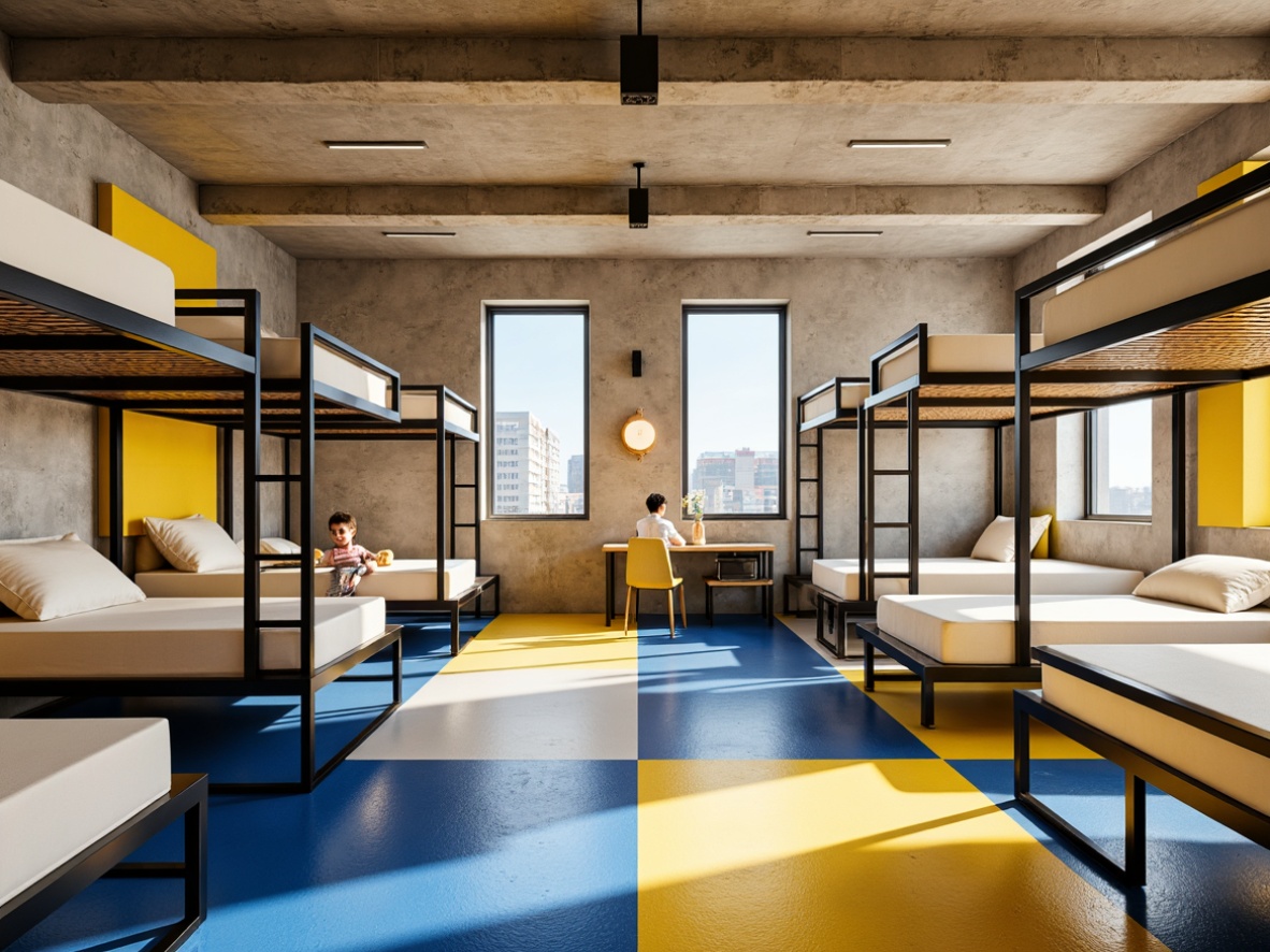 Prompt: Vibrant dormitory, bold geometric patterns, primary color scheme, rectangular shapes, industrial metal furniture, minimalist decor, functional simplicity, modernist architecture, concrete walls, steel beams, wooden accents, warm beige tones, deep blue hues, bright yellow highlights, bold black outlines, stark white backgrounds, dramatic shadows, high-contrast lighting, 1/1 composition, graphic textures, stylized typography.