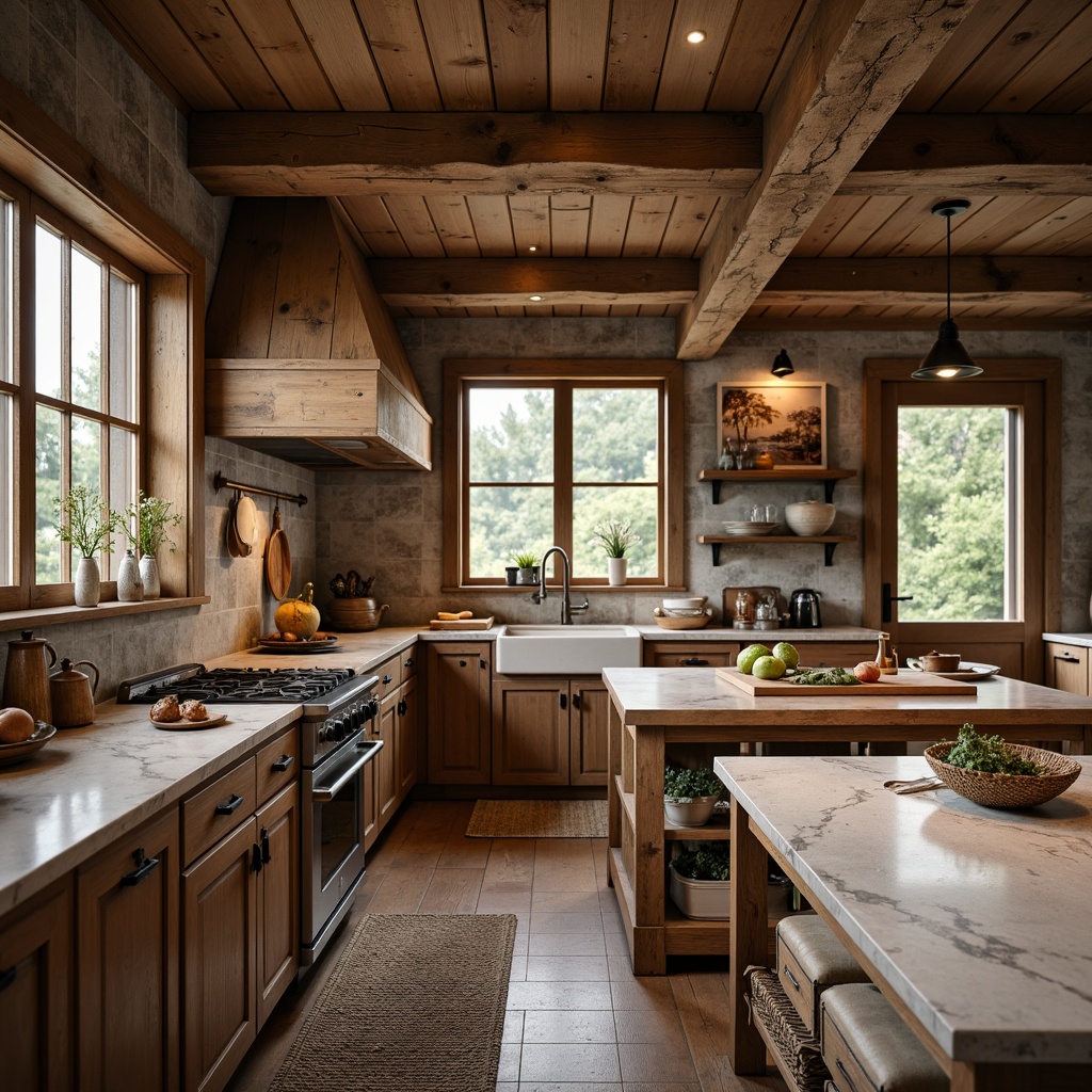 Prompt: Rustic kitchen, distressed wood cabinets, earthy tones, natural stone countertops, honed granite, butcher block island, pendant lighting, farmhouse sink, vintage appliances, woven textiles, earthy ceramics, wooden utensils, natural fiber rugs, warm ambient lighting, shallow depth of field, 2/3 composition, realistic textures, soft focus.