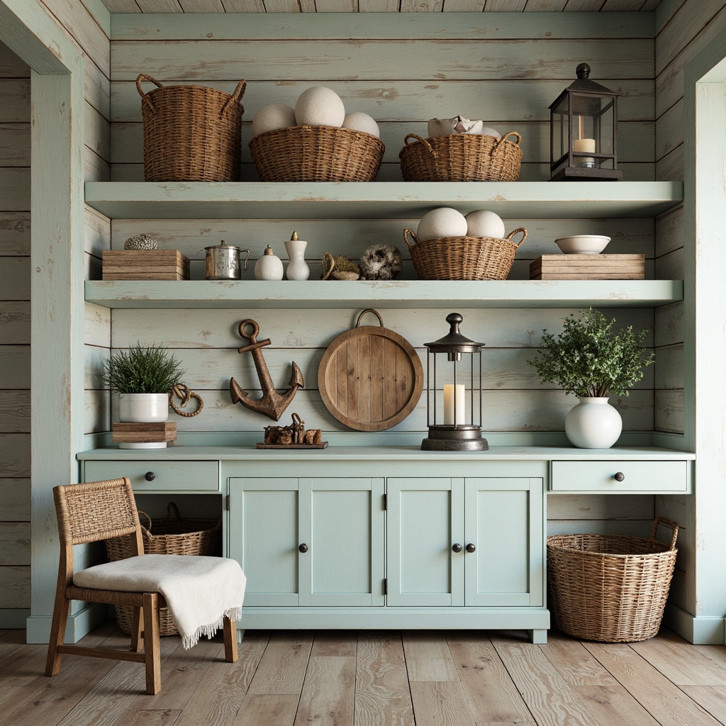 Prompt: Coastal storage room, weathered wood accents, distressed finishes, calming blue-green hues, ocean-inspired color palette, sandy neutrals, seafoam whites, coral pinks, natural textures, woven baskets, nautical ropes, vintage anchors, rustic metal lanterns, soft warm lighting, shallow depth of field, 1/2 composition, realistic renderings.