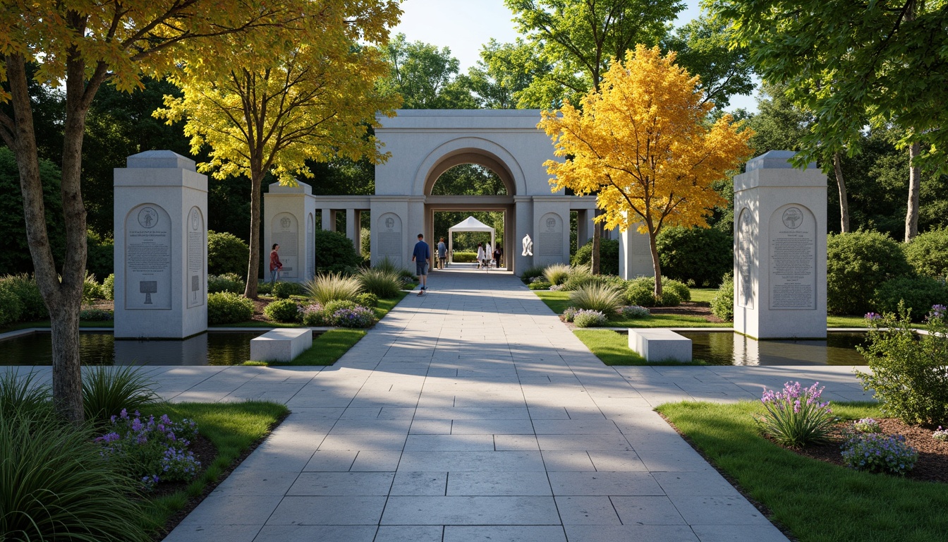 Prompt: Serene memorial gardens, solemn monuments, tranquil water features, contemplative walking paths, peaceful benches, natural stone paving, subtle landscaping, dignified architecture, grand entrance gates, commemorative walls, inspirational quotes, soft warm lighting, shallow depth of field, 1/1 composition, realistic textures, ambient occlusion, quiet atmosphere, reverent mood.