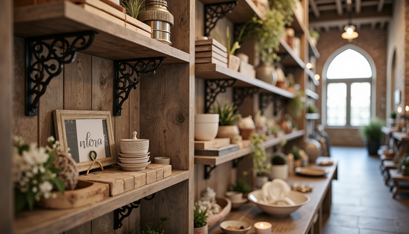 Prompt: Distressed wooden shelves, vintage metal brackets, ornate carved corbels, soft pastel colors, feminine florals, lace trim details, distressed finishes, worn wood textures, antique hardware, ornate mirror frames, rustic brick walls, natural stone floors, warm candlelight, soft focus photography, 1/2 composition, shallow depth of field, romantic atmosphere.