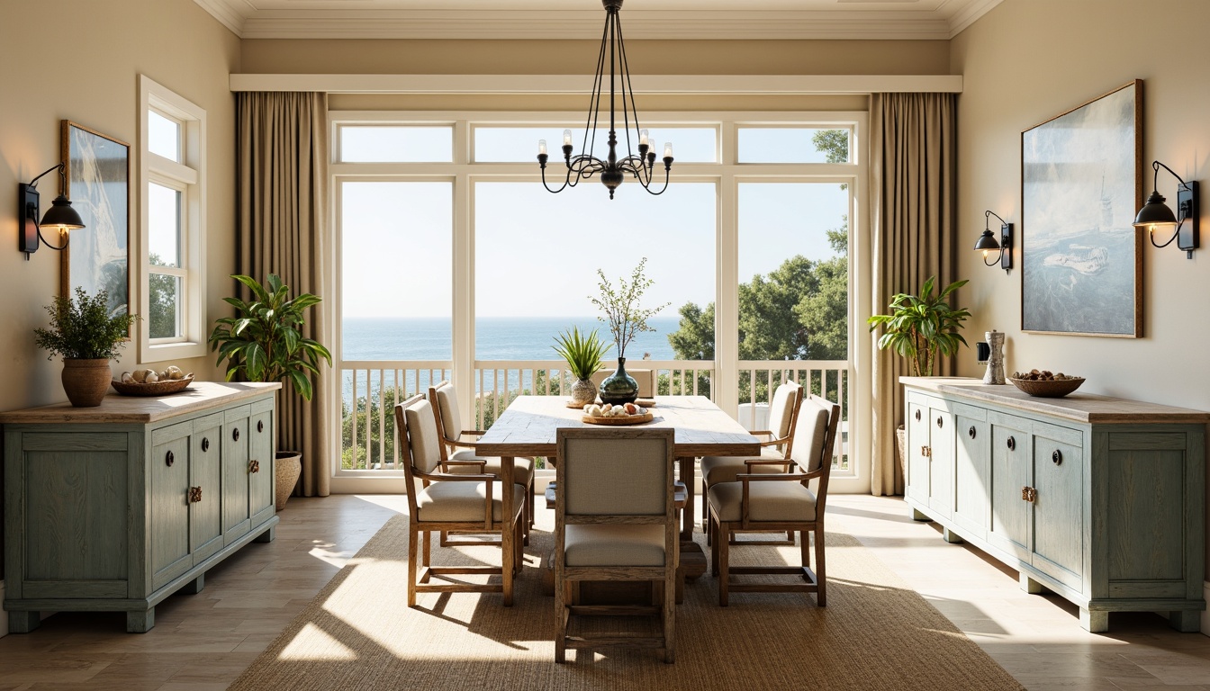 Prompt: Calming coastal dining room, warm beige walls, soft blue-gray cabinets, weathered wood accents, natural linen upholstery, jute rug, distressed driftwood furniture, nautical rope details, glass pendant lights, vintage marine decor, ocean-inspired artwork, serene sea views, sunny day, soft warm lighting, shallow depth of field, 3/4 composition, realistic textures, ambient occlusion.