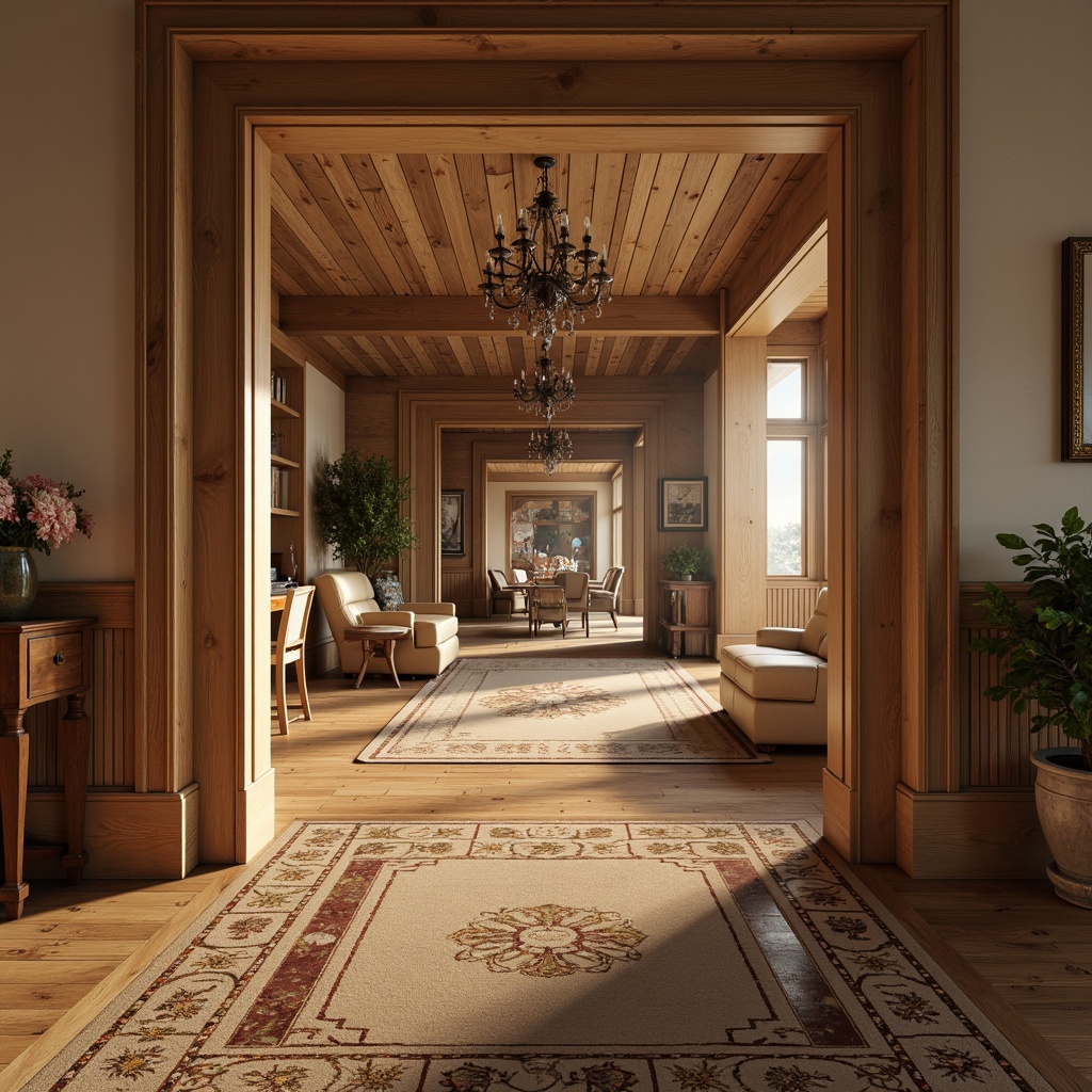 Prompt: Rich wood tones, classic hardwood flooring, warm beige hues, distressed textures, ornate rug patterns, soft carpet piles, vintage-inspired tilework, elegant marble inlays, sophisticated herringbone designs, rustic brick accents, traditional English country style, warm golden lighting, cozy atmosphere, shallow depth of field, 1/2 composition, realistic wood grain, ambient occlusion.