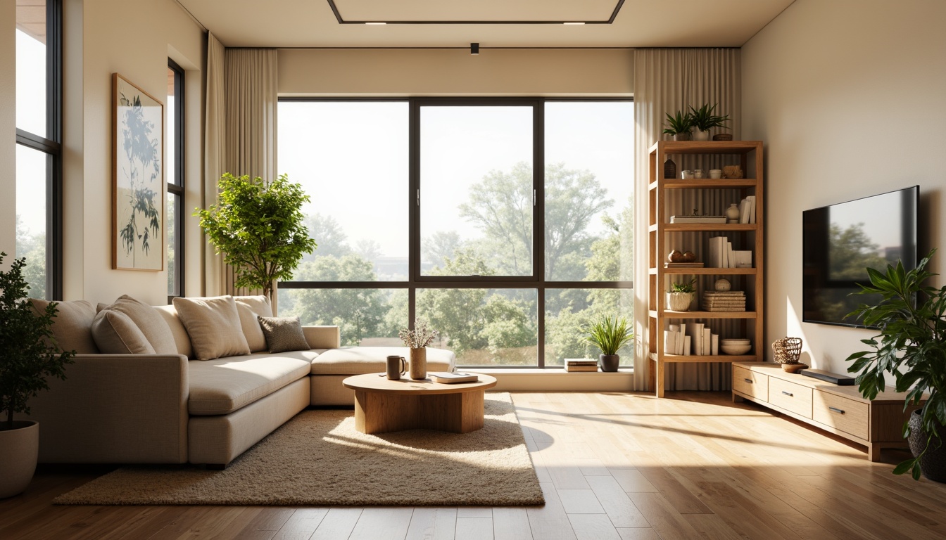 Prompt: Cozy living room, natural wood flooring, soft cream-colored walls, comfortable sectional sofa, lush green plants, warm beige area rug, large windows, plenty of natural light, calm atmosphere, peaceful ambiance, serene color palette, minimalist decor, functional shelving units, modern LED lighting, soft warm glow, shallow depth of field, 3/4 composition, realistic textures, ambient occlusion.