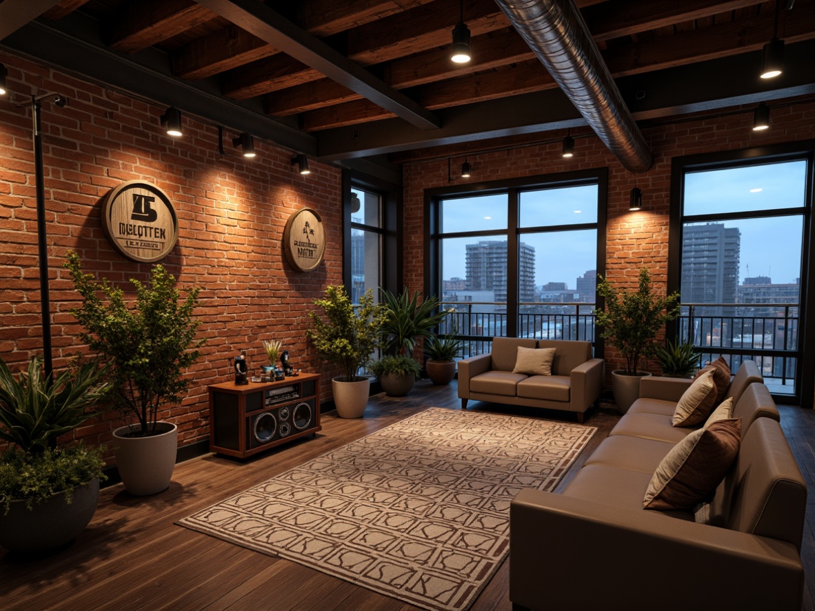 Prompt: Exposed brick walls, industrial metal beams, reclaimed wood accents, vintage music gear, spotlights, fog machines, soundproofing materials, acoustic foam panels, geometric patterned rugs, minimalist seating areas, urban cityscape views, evening atmosphere, warm color tone lighting, shallow depth of field, 2/3 composition, cinematic camera angles, realistic textures, ambient occlusion.