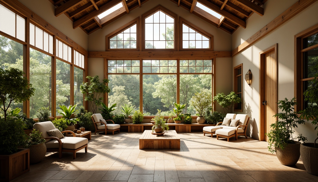 Prompt: Traditional Asian-inspired sunroom, sliding shoji screens, natural wood accents, minimalist decor, abundant greenery, tropical plants, bamboo furniture, paper lanterns, warm beige walls, large windows, skylights, clerestory windows, transom windows, soft diffused light, gentle morning sunlight, warm afternoon glow, subtle shadows, 1/2 composition, symmetrical balance, realistic textures, ambient occlusion.