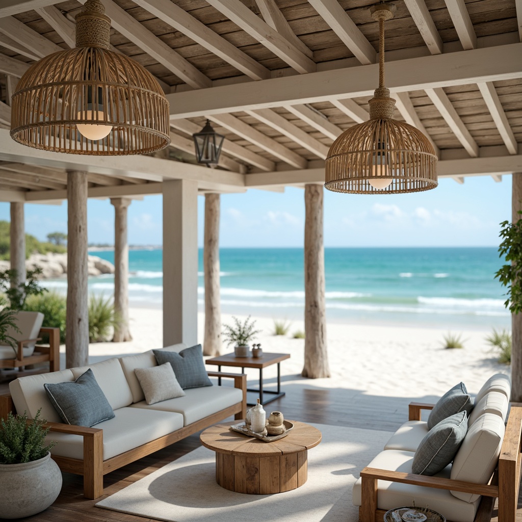 Prompt: Warm coastal ambiance, soft ocean breeze, driftwood accents, sea salt textures, nautical rope details, calming blue hues, frosted glass pendant lights, rustic wooden lanterns, woven rattan shades, beachy distressed finishes, natural linen fabrics, weathered metal fixtures, warm white sandy dunes, clear turquoise waters, sunny day, gentle wave motions, soft focus, shallow depth of field, 2/3 composition, atmospheric perspective.