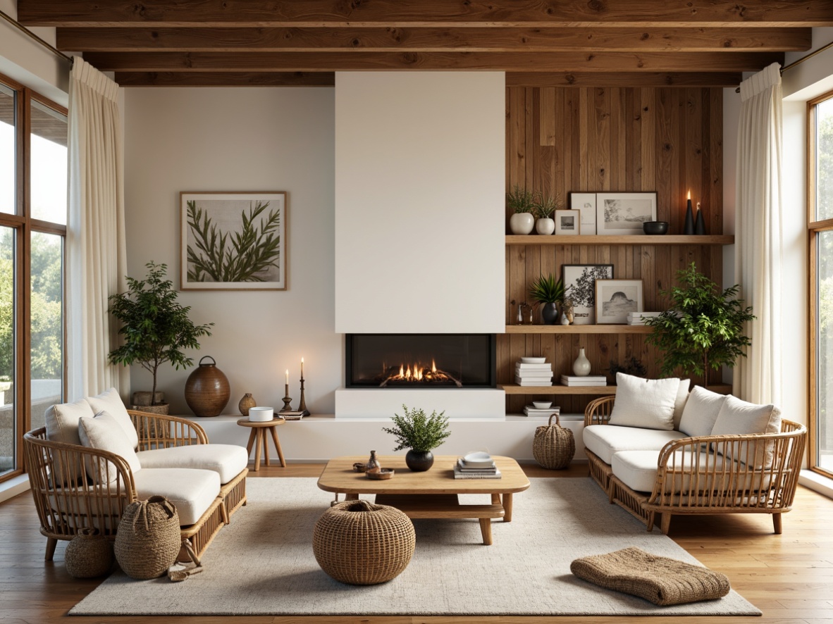 Prompt: Light-filled Scandinavian living room, natural wood accents, oak wooden floors, woven wicker furniture, linen textiles, earthy color palette, organic shapes, minimalist decor, candles and lanterns, greenery plants, reclaimed wood walls, stone feature walls, cozy reading nooks, plush throw blankets, warm beige tones, soft diffused lighting, shallow depth of field, 1/1 composition, rustic textures, ambient occlusion.