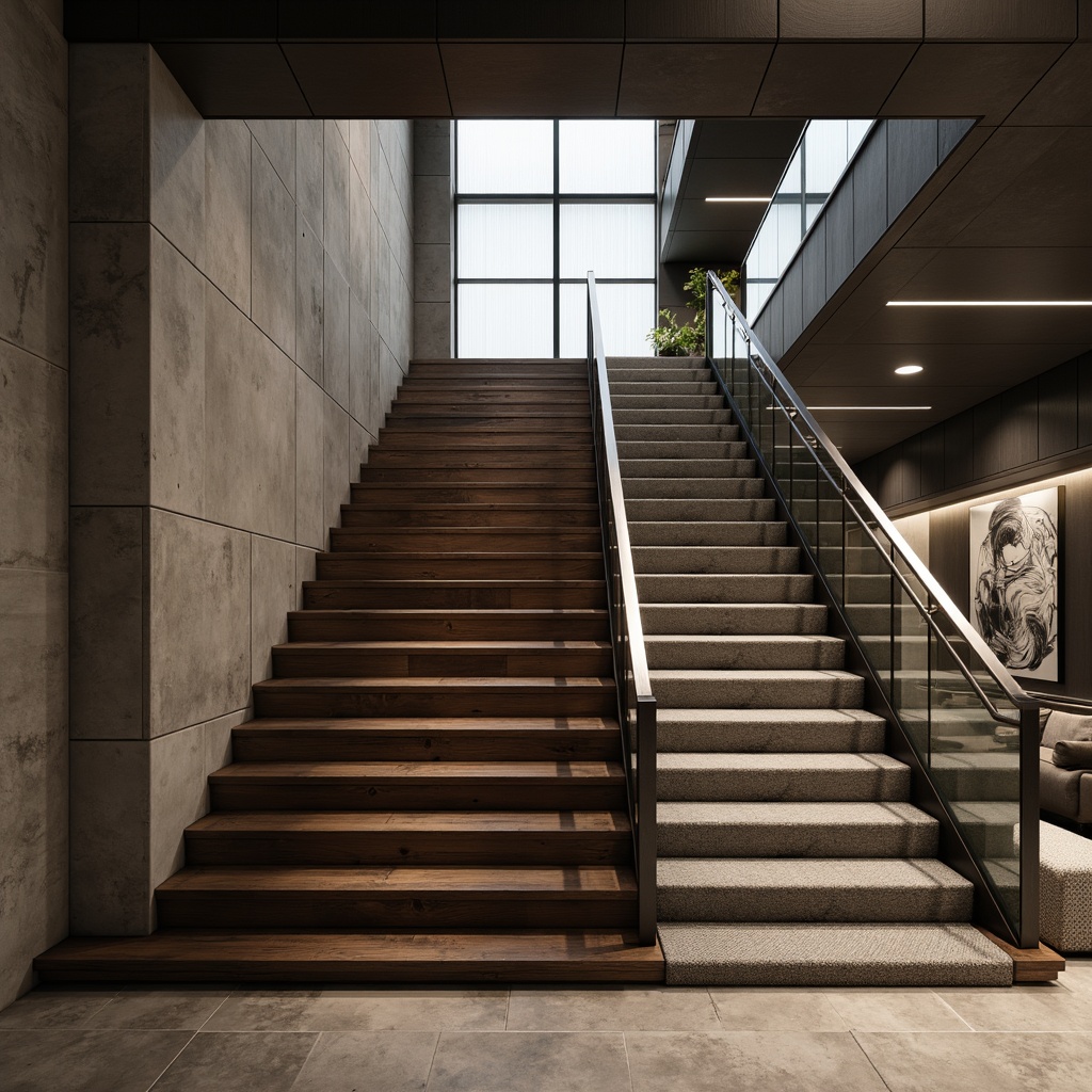 Prompt: Luxurious staircase, sleek metal handrails, minimalist design, low-rise steps, LED lighting strips, modern wall finishes, concrete surfaces, industrial-chic aesthetic, exposed ductwork, polished chrome accents, dark wood treads, glass balustrades, geometric patterned carpets, ambient indirect lighting, 3/4 composition, realistic textures, soft focus blur.