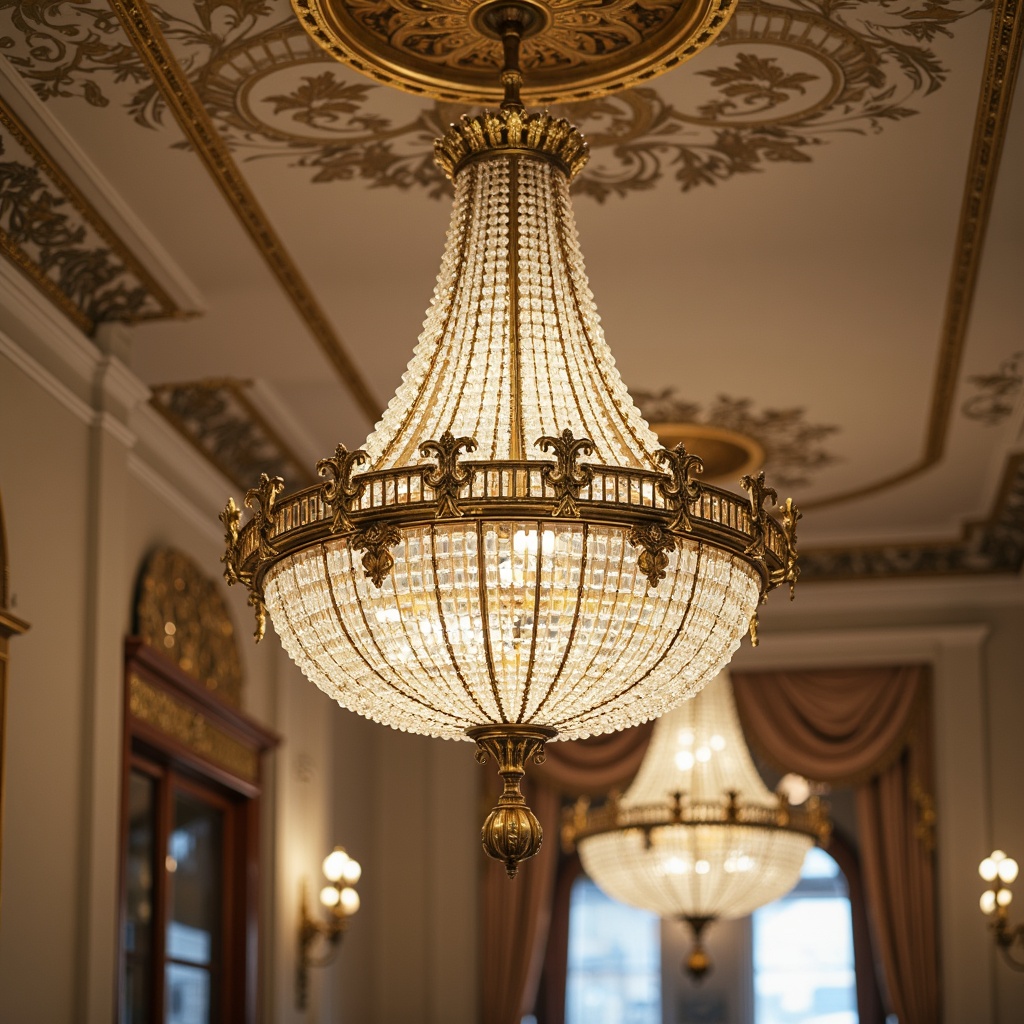 Prompt: Ornate chandeliers, crystal droplets, gilded metalwork, delicate filigree, soft warm glow, creamy whites, pale gold accents, intricate carvings, curved lines, lavish ornamentation, grandiose scales, majestic proportions, opulent fabrics, rich textures, Baroque-inspired patterns, subtle shading, realistic reflections, 1/1 composition, shallow depth of field, dramatic spotlighting.