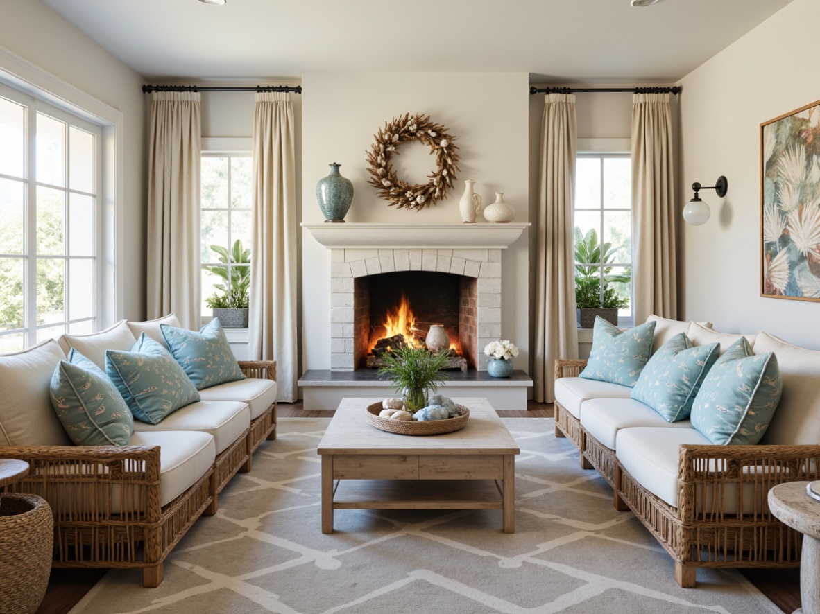 Prompt: Coastal-themed living room, soft calming atmosphere, ocean-inspired color palette, soothing blue hues, creamy whites, natural textures, woven rattan furniture, distressed wood accents, nautical rope details, coral-patterned throw pillows, seashell-adorned vases, driftwood decorative wall art, beachy keystone fireplace, natural linen upholstery, subtle sheen fabrics, warm golden lighting, layered window treatments, billowy white curtains, 1/2 composition, soft focus, warm color grading.