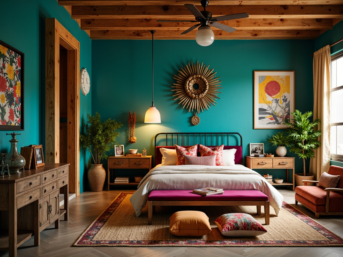 Prompt: Vibrant eclectic bedroom, rich jewel-toned walls, bold turquoise accents, warm golden lighting, plush velvet fabrics, distressed wood furniture, ornate metal fixtures, vintage Moroccan tiles, abstract art pieces, lush greenery, eclectic mix of patterns, bohemian chic atmosphere, warm beige rug, oversized floor pillows, natural linen drapes, rustic wooden ceiling, soft warm glow, shallow depth of field, 1/1 composition, realistic textures, ambient occlusion.