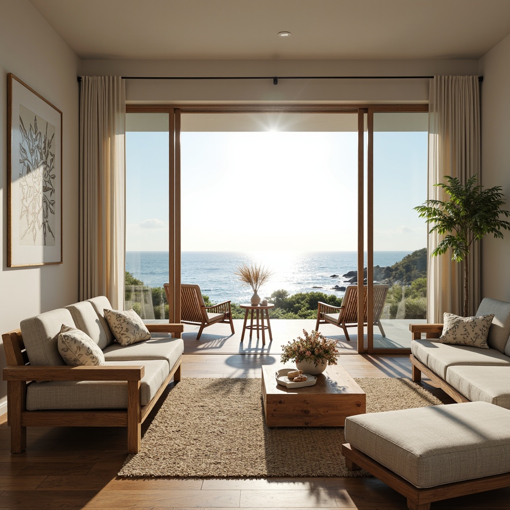 Prompt: Coastal living room, large windows, sliding glass doors, ocean views, natural light pouring in, soft warm glow, beachy vibe, driftwood furniture, woven sea grass rugs, calming color palette, soothing textures, minimalist decor, nautical accents, marine-inspired artwork, shell decorations, coral patterns, sunny day, gentle sea breeze, shallow depth of field, 1/1 composition, panoramic view, realistic renderings, ambient occlusion.