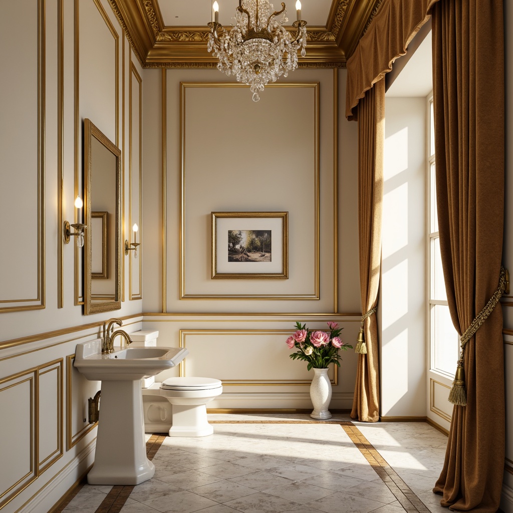 Prompt: \Elegant powder room, soft cream walls, ornate gold molding, rich wood paneling, subtle texture patterns, classic architectural details, luxurious velvet drapes, crystal chandelier, warm ambient lighting, 1/2 composition, shallow depth of field, realistic reflections, refined academic style, sophisticated color palette.\