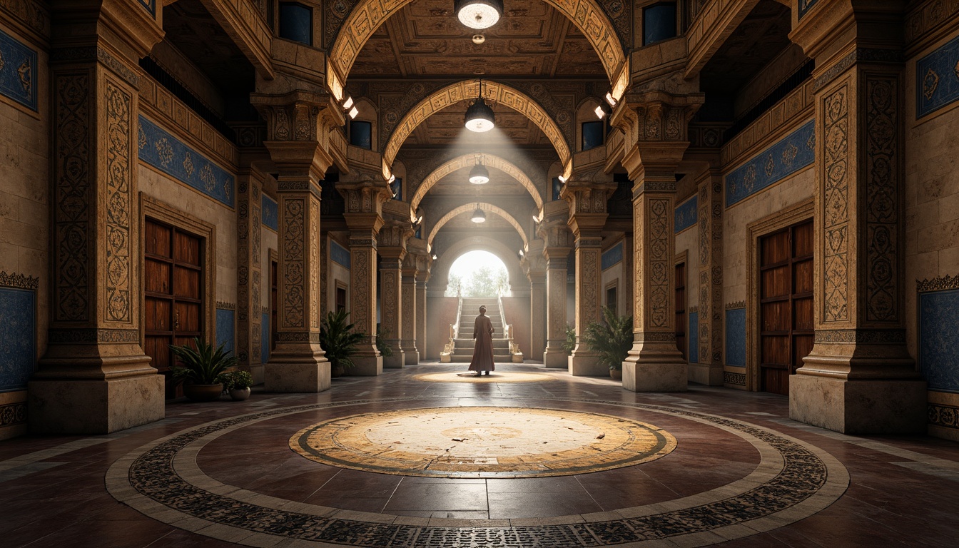 Prompt: Ancient monastery, futuristic architecture, intricate tile patterns, geometric shapes, metallic accents, sacred symbols, ambient lighting, mystical atmosphere, ornate details, vaulted ceilings, grand archways, stone columns, misty ambiance, soft warm glow, shallow depth of field, 1/1 composition, symmetrical view, high-contrast textures, subtle animations.