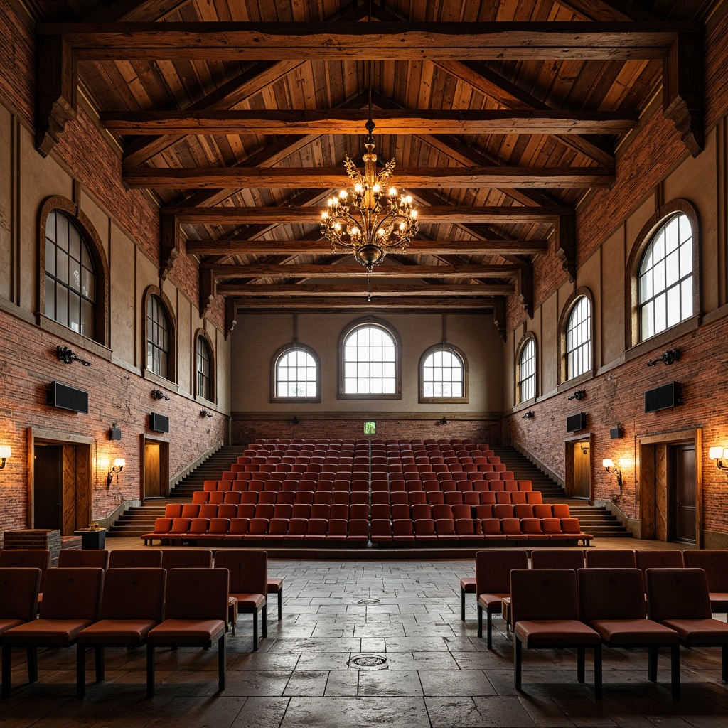 Prompt: Rustic performing arts center, wooden beam ceiling, exposed brick walls, natural stone flooring, warm lighting, cozy atmosphere, tiered seating arrangement, plush velvet seats, wooden benches, metal accents, vintage decor, distressed wood textures, earthy color palette, autumnal hues, scenic views, floor-to-ceiling windows, grand chandelier, soft spotlighting, 1/2 composition, shallow depth of field, realistic renderings.