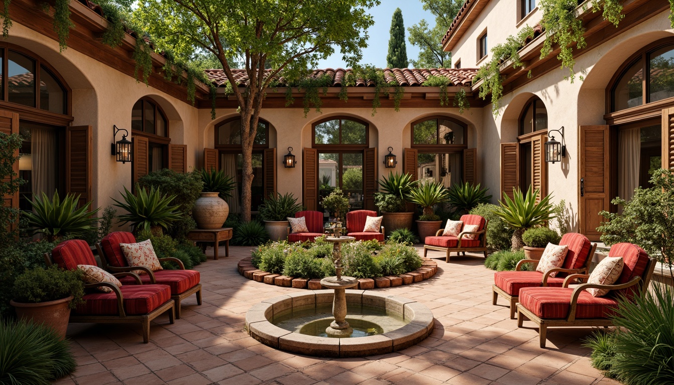 Prompt: Warm Mediterranean courtyard, lush greenery, ornate fountains, rustic stone walls, wooden shutters, terra cotta tiles, curved archways, distressed wood furniture, plush velvet upholstery, rich tapestries, wrought iron accents, elegant lanterns, soft warm lighting, 1/1 composition, shallow depth of field, realistic textures, ambient occlusion, cozy seating areas, intimate spaces, natural stone flooring, earthy color palette.