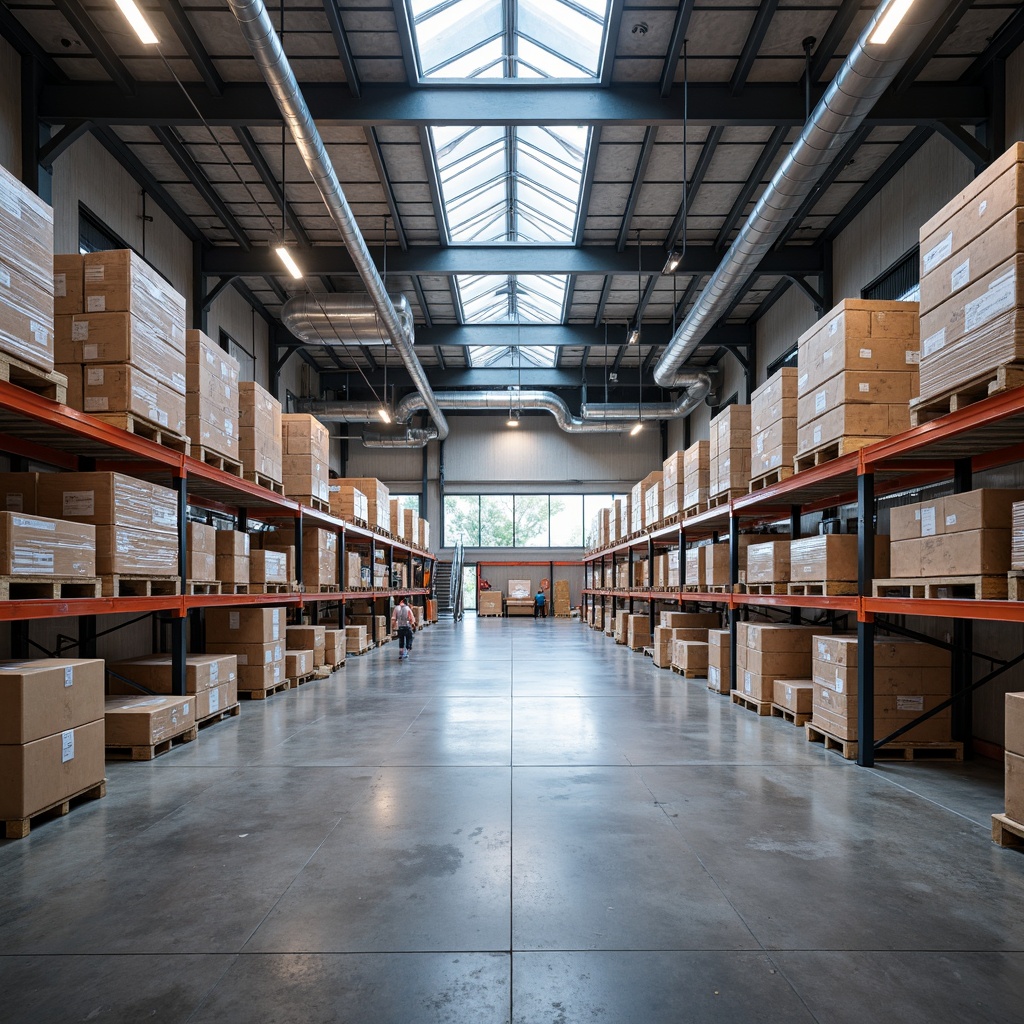 Prompt: Modern distribution center, industrial chic aesthetic, high ceiling warehouse, exposed ductwork, polished concrete floors, LED strip lighting, suspended linear fixtures, task-oriented lighting, energy-efficient solutions, natural daylight harvesting, clerestory windows, skylights, diffused ambient illumination, accent lighting on storage racks, warm color temperature, 3/4 composition, symmetrical framing, realistic textures, subtle shadows.