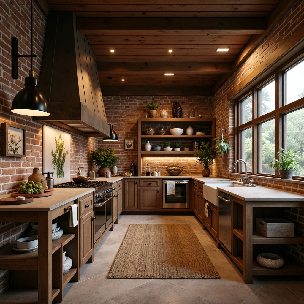 Prompt: Rustic kitchen, warm wooden cabinets, earthy tones, natural stone countertops, brick backsplashes, vintage metal accents, distressed finishes, farmhouse sink, pendant lighting, woven textiles, botanical patterns, soft warm glow, cozy ambiance, shallow depth of field, 1/1 composition, realistic textures, ambient occlusion.