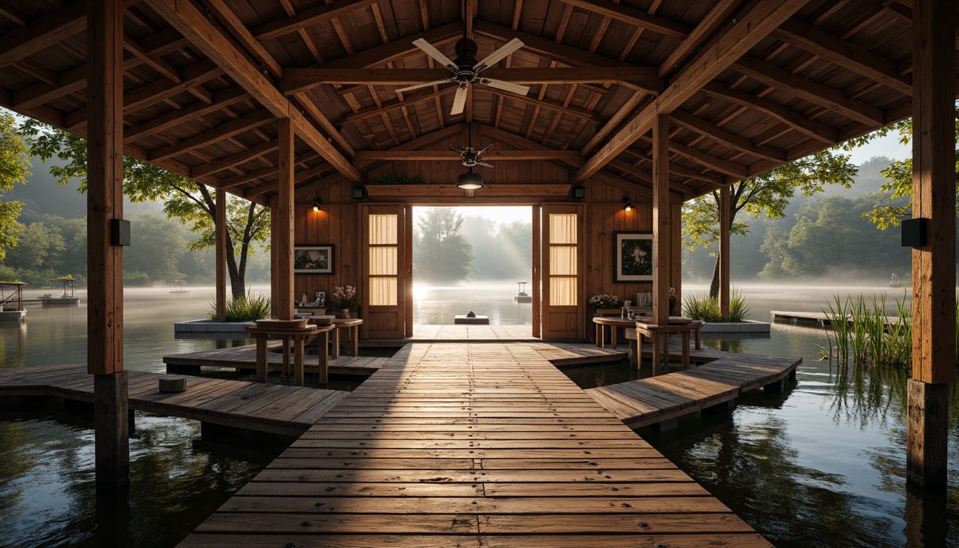 Prompt: Rustic boathouse, wooden docks, serene lake views, warm soft lighting, cozy interior ambiance, nautical themed decor, vintage marine hardware, distressed wood accents, natural stone foundations, waterfront scenery, misty morning atmosphere, golden hour glow, shallow depth of field, 1/2 composition, realistic water reflections, ambient occlusion.