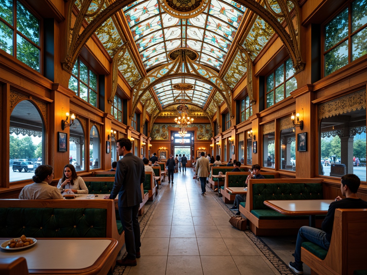 Prompt: Intricate bus station, Art Nouveau style, flowing curves, ornate metalwork, stained glass ceilings, vibrant mosaics, organic patterns, natural motifs, sinuous lines, fluid shapes, luxurious textiles, velvet upholstery, intricate embroidery, beaded curtains, ornate chandeliers, warm soft lighting, 1/1 composition, symmetrical framing, shallow depth of field, realistic reflections, ambient occlusion.