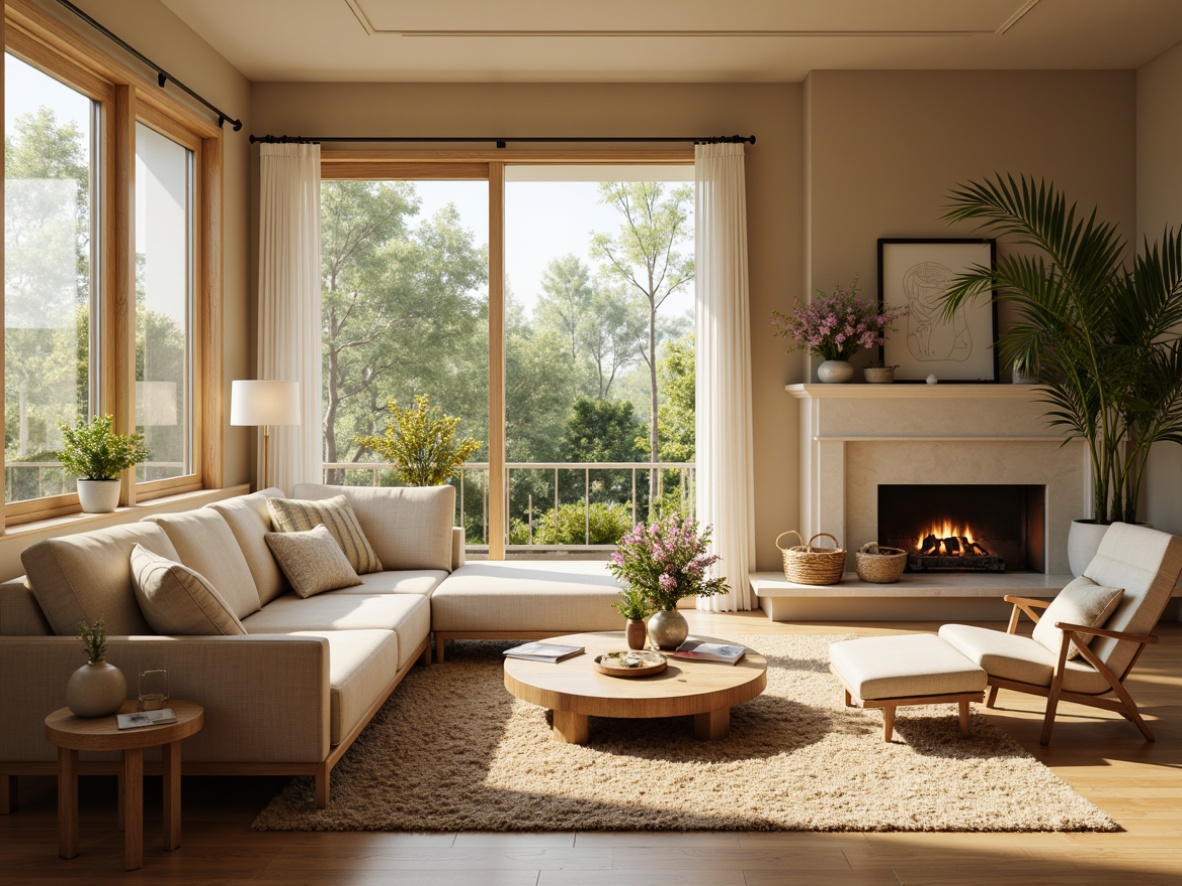 Prompt: Cozy living room, warm beige walls, comfortable sofas, plush area rugs, natural wood coffee tables, floor-to-ceiling windows, soft diffused lighting, lush greenery, vibrant flower arrangements, minimalist decor, calm ambiance, 1/1 composition, realistic textures, ambient occlusion, shallow depth of field.