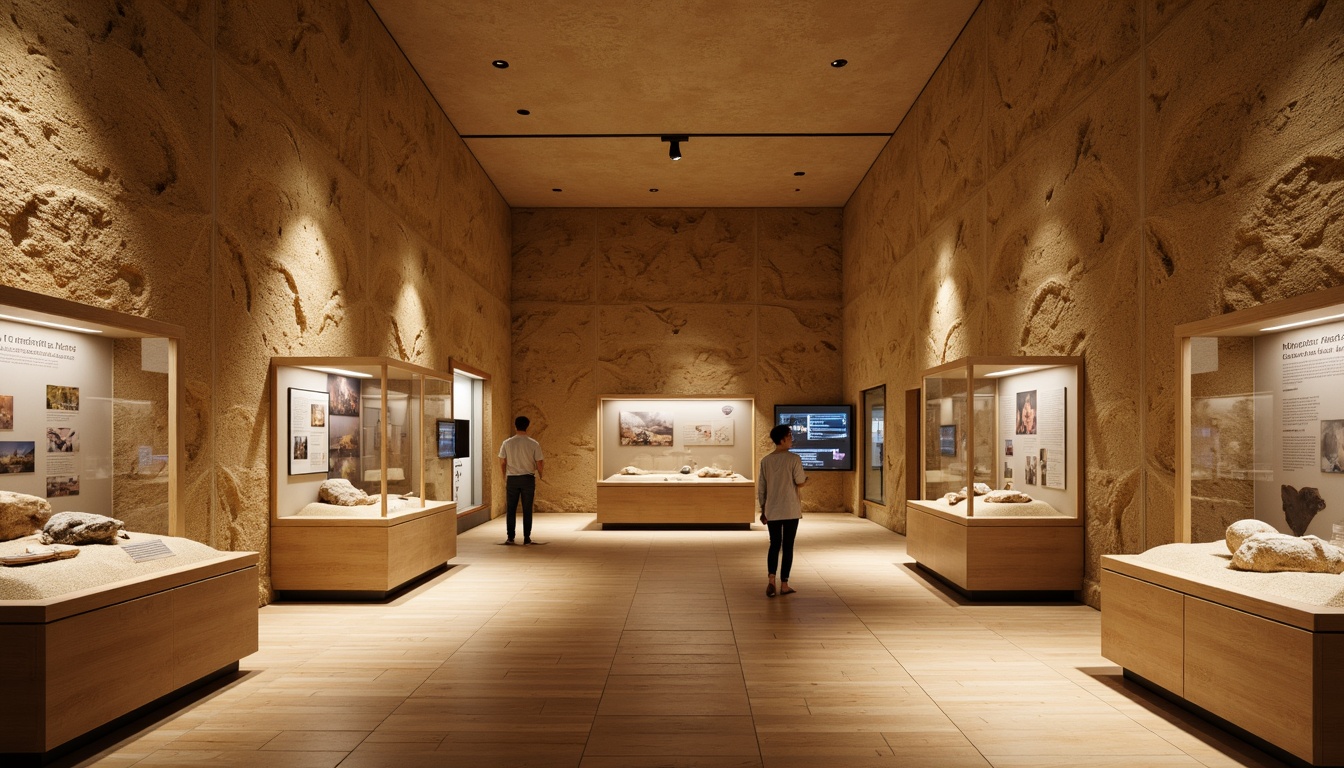 Prompt: Natural history museum interior, warm beige sandstone walls, textured sandy surfaces, fossil exhibits, glass display cases, wooden flooring, ambient soft lighting, shallow depth of field, 1/2 composition, realistic rock formations, earthy color palette, organic shapes, educational signage, interactive displays, ancient artifact relics, neutral background colors, subtle gradient effects, warm atmospheric glow.