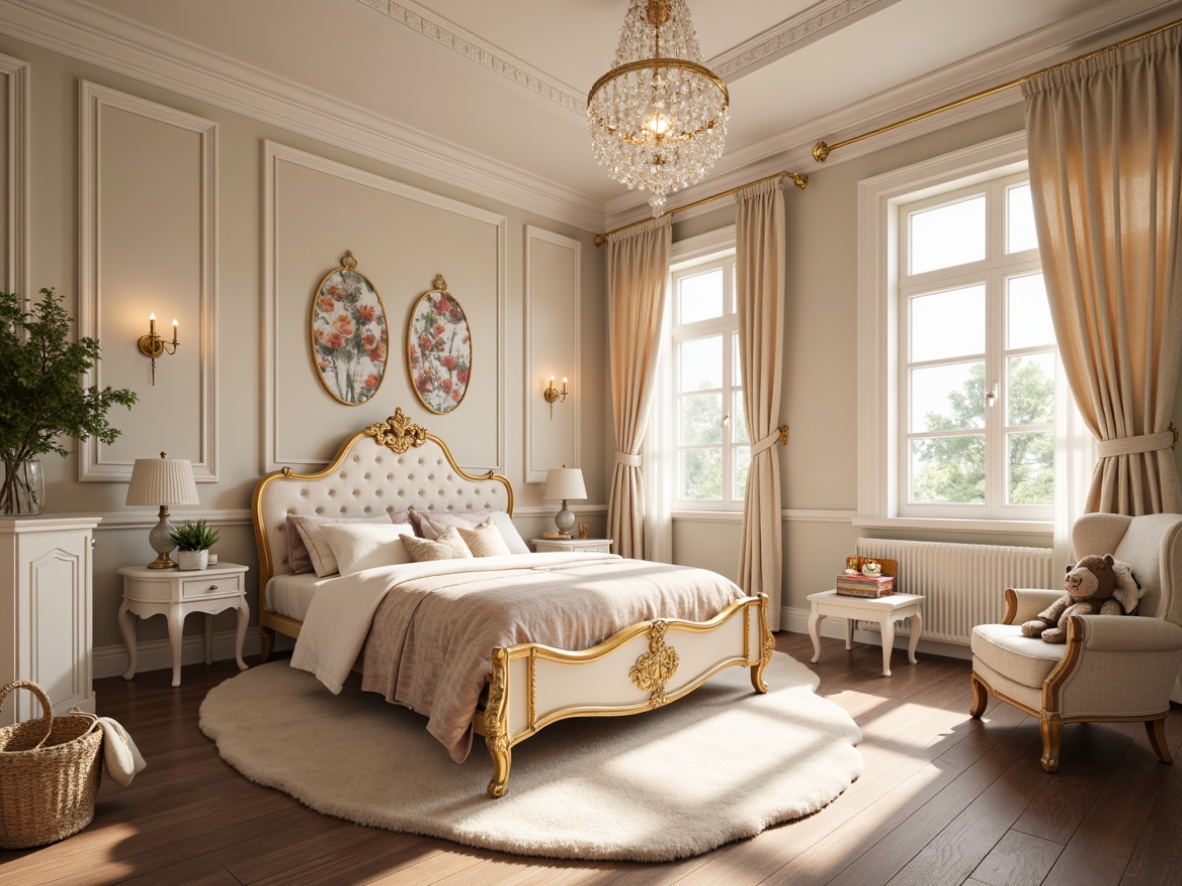 Prompt: Whimsical kids' room, Rococo style furniture, ornate carvings, soft pastel colors, creamy whites, golden accents, delicate florals, playful patterns, plush area rug, velvet drapes, sparkling crystal chandelier, warm candlelight, gentle morning sunbeams, shallow depth of field, 1/2 composition, realistic textures, ambient occlusion.