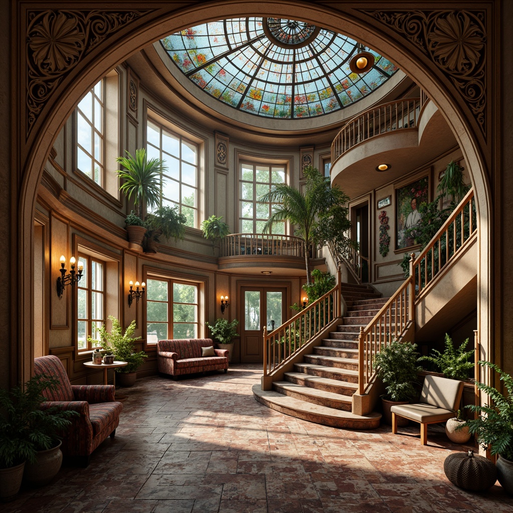 Prompt: Whimsical art nouveau interior, flowing organic lines, sinuous curves, ornate metalwork, stained glass windows, colorful mosaic tiles, grand chandeliers, luxurious velvet fabrics, intricate wooden carvings, soft warm lighting, atmospheric fog effects, shallow depth of field, 1/1 composition, symmetrical layout, elegant archways, sweeping staircases, opulent furnishings, vintage accessories, distressed textures, realistic reflections.