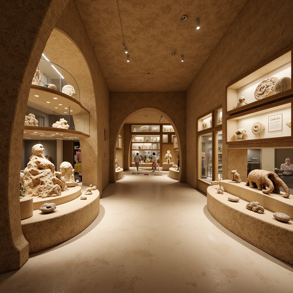 Prompt: Natural history museum interior, sand-textured walls, fossil exhibits, glass display cases, warm beige tones, earthy aromas, organic shapes, curved lines, soft diffused lighting, 1/1 composition, intimate atmosphere, realistic rock formations, ambient occlusion, intricate stone carvings, sandy dunes-inspired patterns, educational interactive displays, ancient relic artifacts, neutral color palette, subtle texture variations.