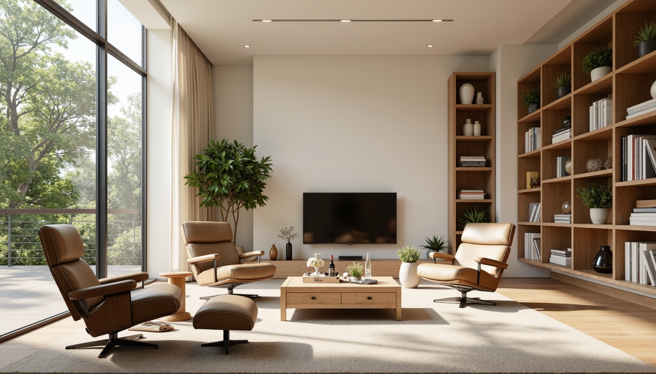 Prompt: Modern living room, sleek furniture, ergonomic chairs, minimalist coffee table, floor-to-ceiling windows, natural light, soft beige carpet, cream-colored walls, ambient lighting, 1/1 composition, shallow depth of field, warm cozy atmosphere, functional storage units, organized shelving systems, smart home devices, wireless charging stations, adjustable floor lamps, comfortable reading nooks, peaceful relaxation area.