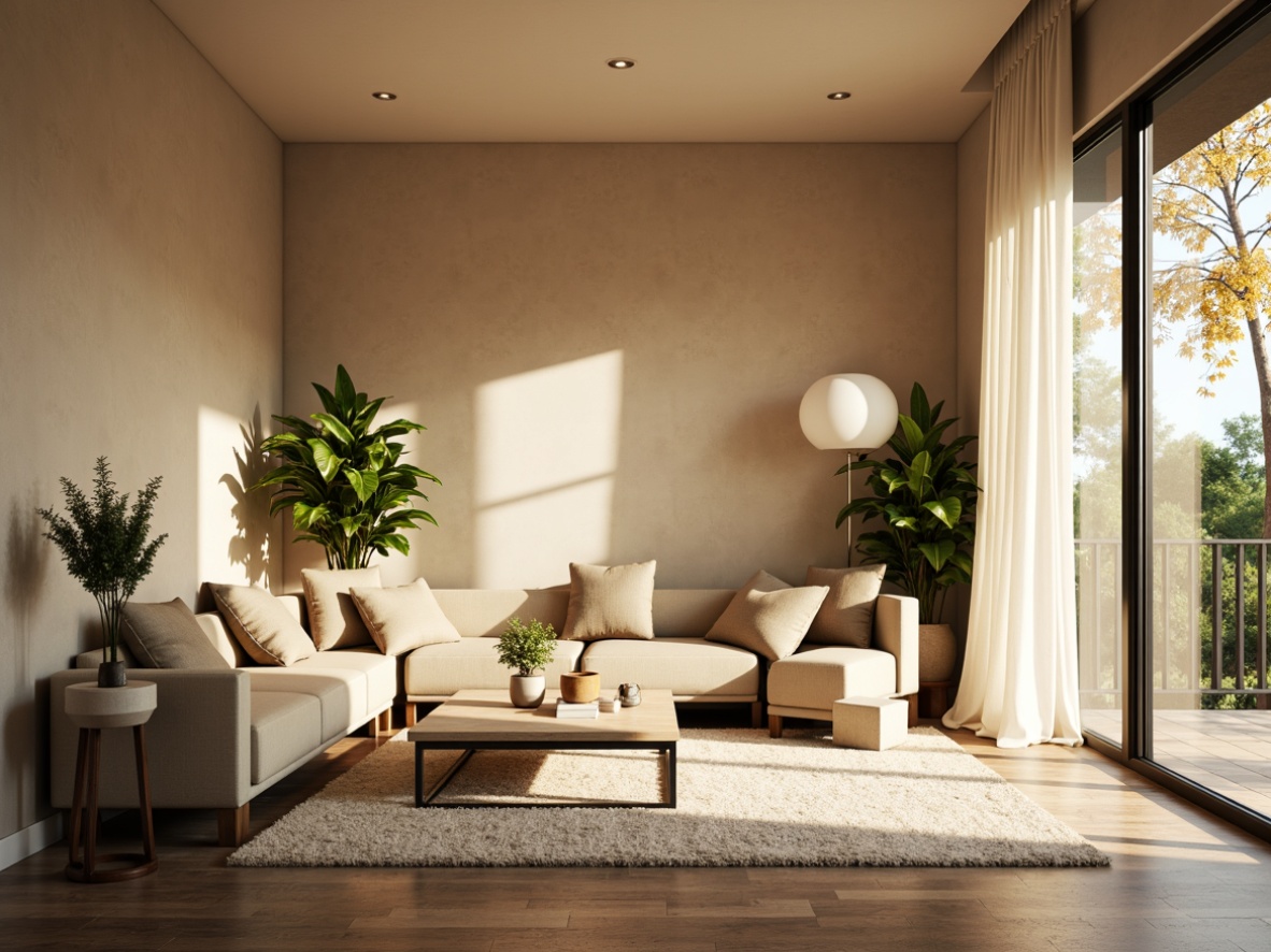 Prompt: Serene living room, natural light pouring in, warm beige walls, plush area rug, comfortable sectional sofa, minimalist coffee table, potted greenery, floor-to-ceiling windows, sliding glass doors, calm atmosphere, soft warm lighting, shallow depth of field, 3/4 composition, panoramic view, realistic textures, ambient occlusion.