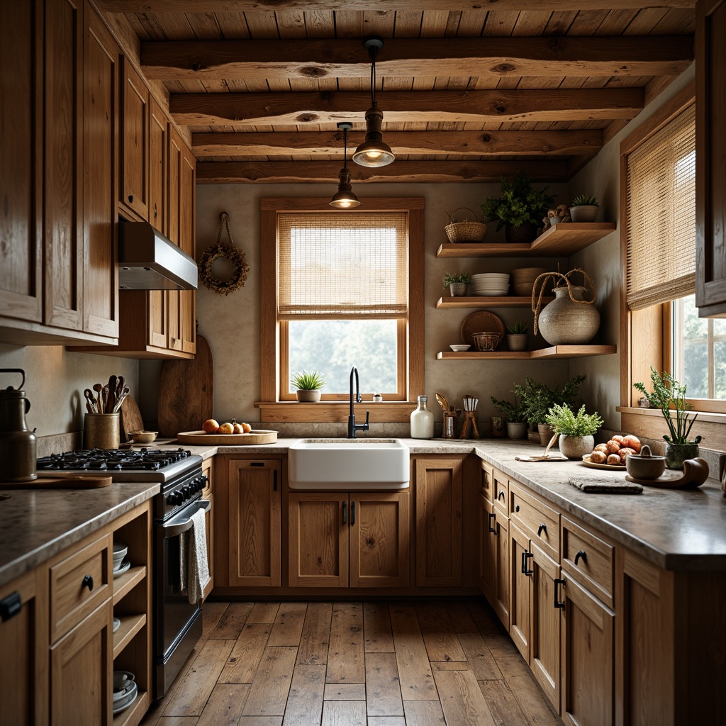 Prompt: Rustic kitchen, warm wood tones, distressed cabinetry, earthy color palette, natural stone countertops, farmhouse sink, pendant lighting, woven textiles, vintage appliances, exposed beams, wooden flooring, cozy nook, soft ambient lighting, shallow depth of field, 1/1 composition, realistic textures, atmospheric fog effect.Let me know if this meets your requirements!