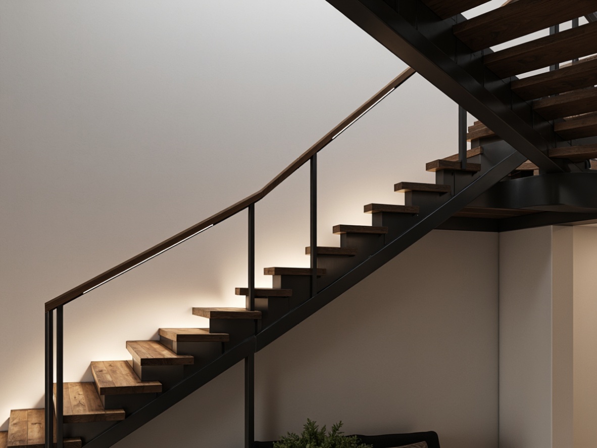 Prompt: Modern staircase, sleek handrail designs, stainless steel or wooden materials, minimalist aesthetic, clean lines, geometric shapes, subtle LED lighting, gentle curves, floating steps, open risers, industrial chic vibe, urban loft atmosphere, polished metal accents, matte black finishes, elegant simplicity, sophisticated detailing, architectural innovation.