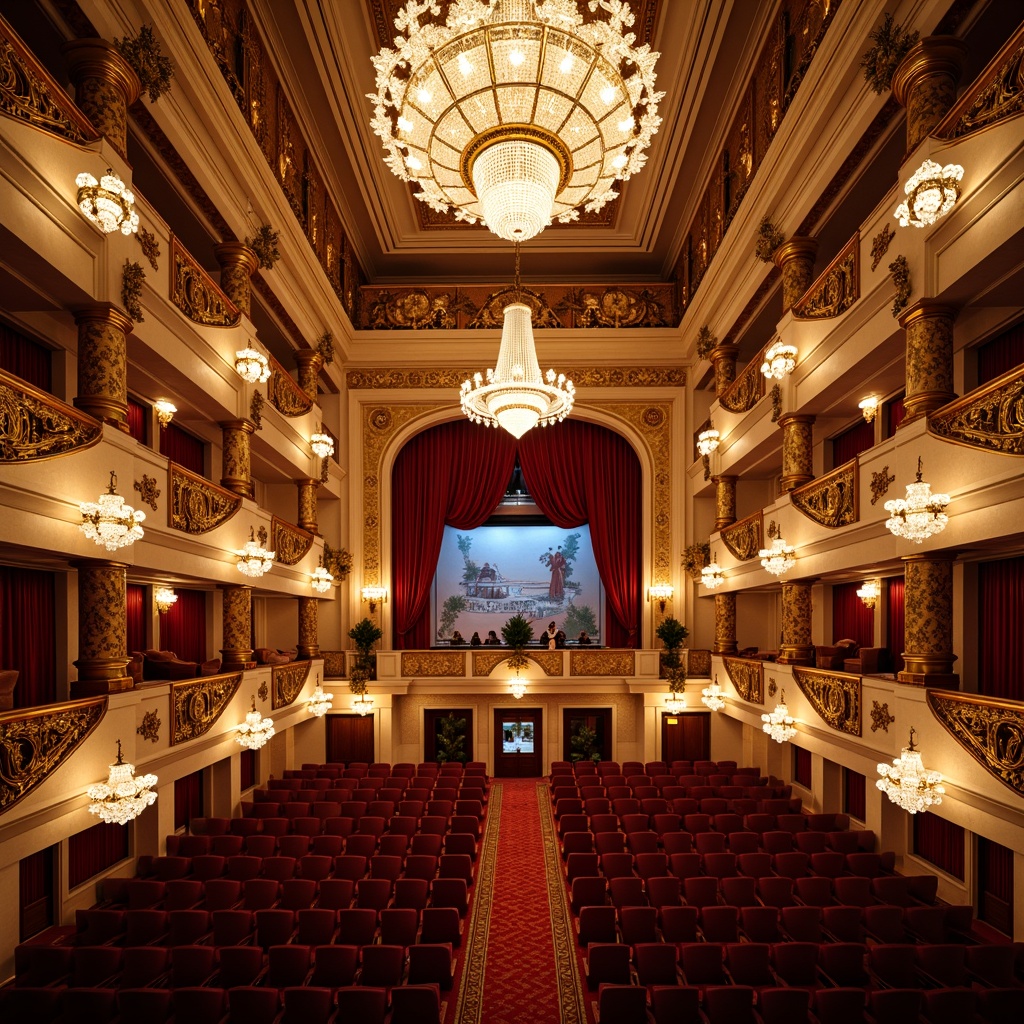 Prompt: Grand opera house, ornate chandeliers, crystal pendant lights, velvet curtains, gilded balconies, intricate molding, luxurious red carpets, dramatic spotlights, warm golden lighting, soft focus, shallow depth of field, 1/2 composition, symmetrical architecture, opulent decorations, lavish furnishings, Baroque-inspired details, rich wood tones, grandiose staircases.