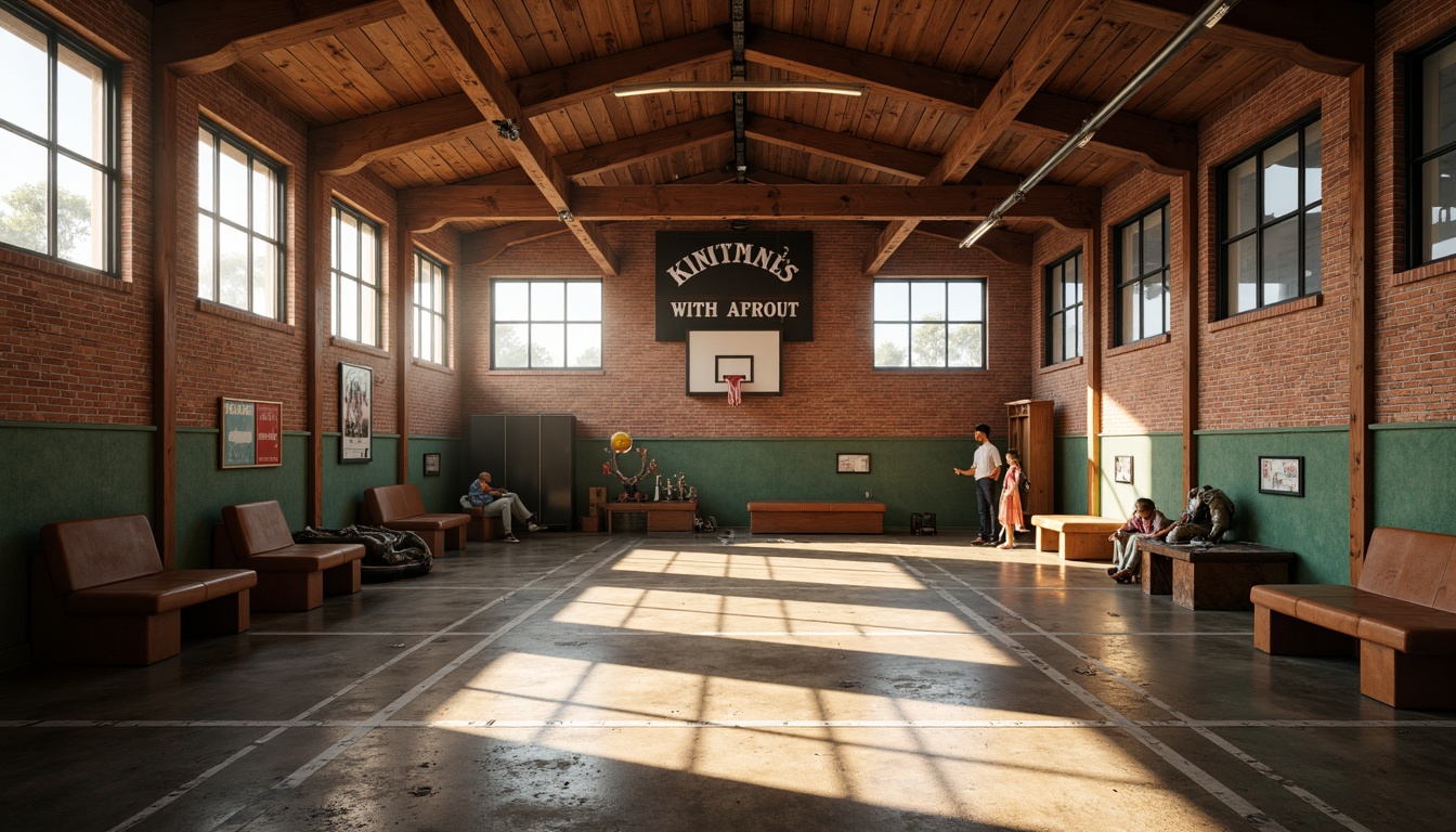 Prompt: Rustic gymnasium, wooden beams, exposed brick walls, vintage athletic equipment, worn leather benches, warm softbox lighting, dramatic spotlighting, subtle ambient occlusion, high ceilings, large windows, natural daylight, creamy color palette, textured stone floors, distressed wood accents, nostalgic sports memorabilia, inspirational quotes, dynamic shadows, 1/2 composition, cinematic camera angles, realistic renderings.