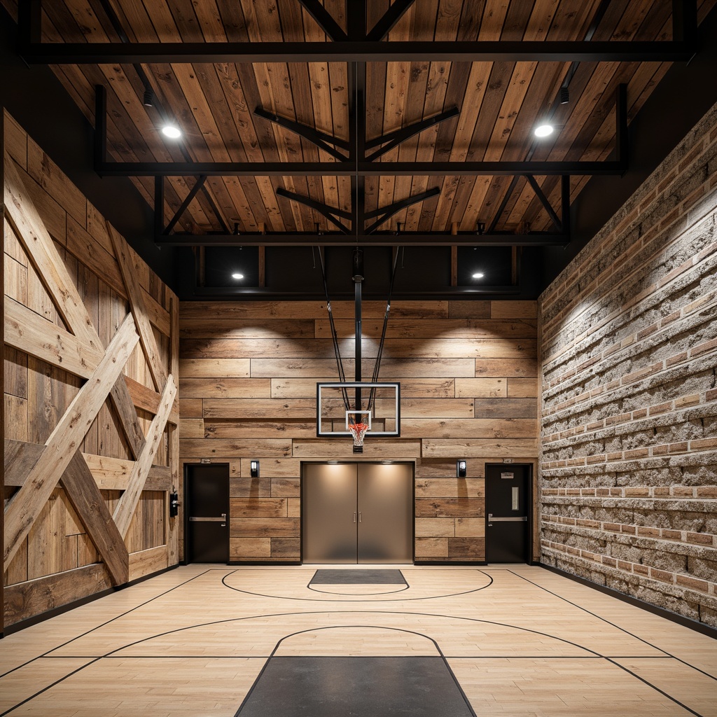 Prompt: Reclaimed wood accent walls, industrial metal beams, polished concrete floors, minimalist lighting fixtures, rustic brick veneers, earthy color palette, natural stone feature walls, distressed wood ceiling planks, metallic epoxy paint finishes, bold geometric patterns, textured 3D wall panels, sports-inspired murals, dynamic angular lines, modern athletic facility aesthetic, high-contrast color scheme, dramatic spotlights, shallow depth of field, 2/3 composition, realistic textures, ambient occlusion.