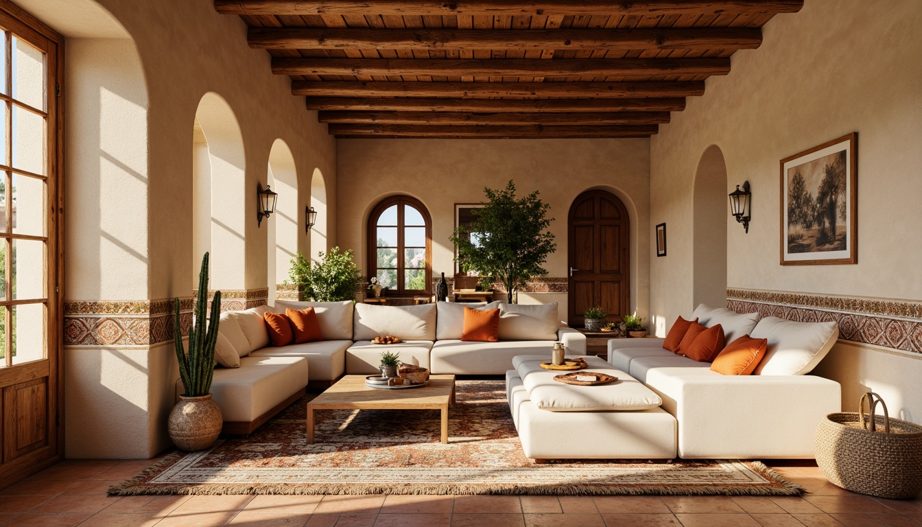 Prompt: Mediterranean-style apartment, warm beige walls, rustic wooden accents, ornate ceramic tiles, terracotta flooring, distressed wooden planks, natural stone pavers, soft area rugs, vintage Moroccan-inspired patterns, earthy color palette, warm sunny lighting, shallow depth of field, 1/2 composition, realistic textures, ambient occlusion.