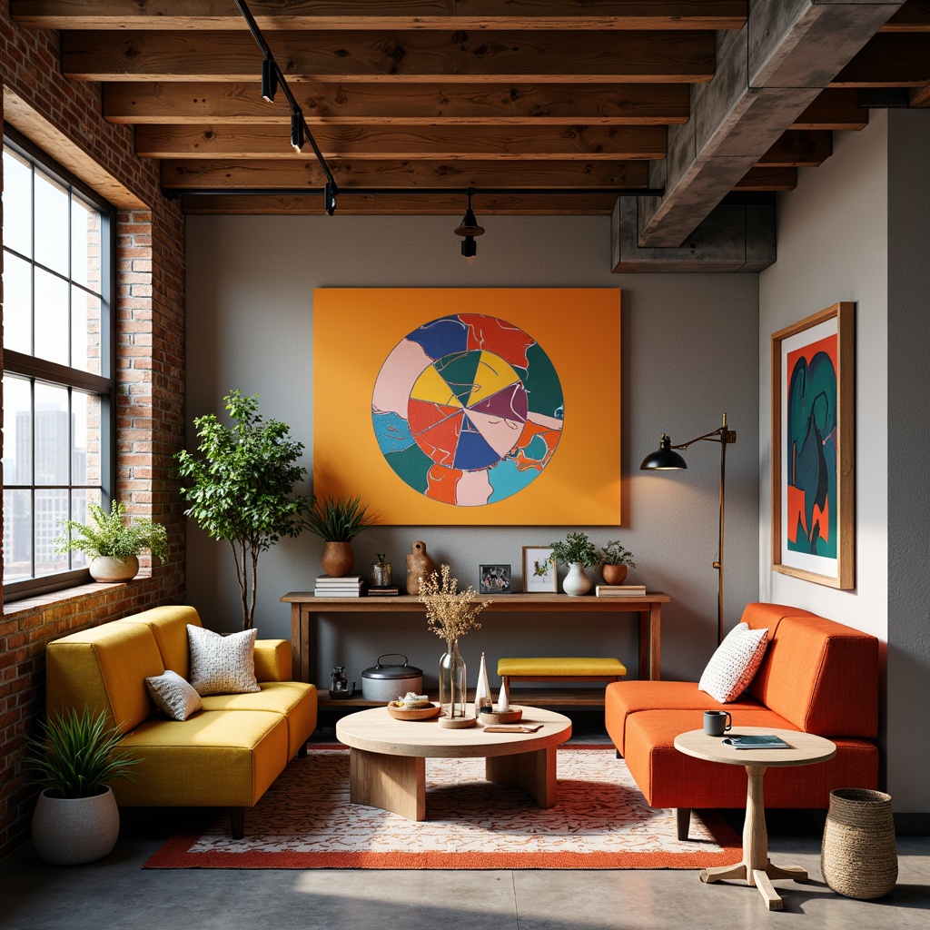 Prompt: Vibrant art studio, eclectic furniture, bold color blocking, abstract artwork, natural wood accents, industrial metal beams, urban loft atmosphere, trendy designer pieces, modern minimalist decor, warm ambient lighting, soft shadows, 1/1 composition, realistic textures, subtle gradient effects.