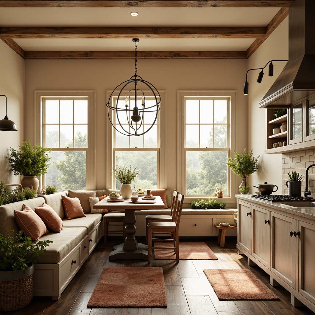 Prompt: Cozy breakfast nook, warm wooden tones, soft cream-colored walls, elegant chandeliers, pendant lighting, rustic metal shades, distressed wood accents, plush area rugs, comfortable upholstered banquettes, natural stone countertops, farmhouse-style sink, classic cabinetry, warm beige flooring, inviting atmosphere, soft morning light, gentle shadows, 1/1 composition, realistic textures, ambient occlusion.