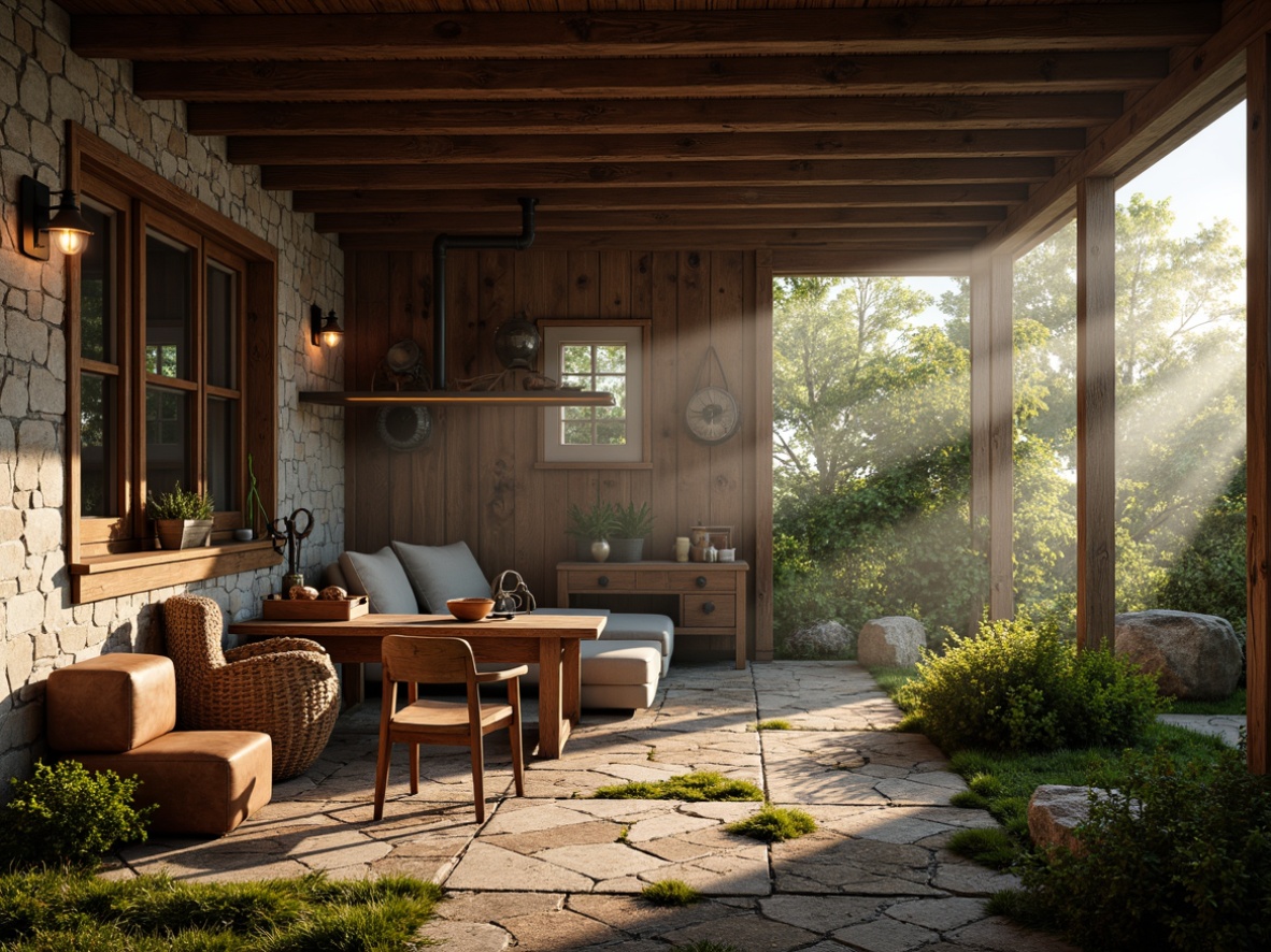 Prompt: Rustic wooden cabin, earthy tones, natural stone walls, distressed wooden beams, vintage metal lanterns, worn leather furniture, woven wicker baskets, antique farming tools, moss-covered pathways, overgrown gardens, misty morning light, soft warm colors, shallow depth of field, 1/1 composition, realistic textures, ambient occlusion.