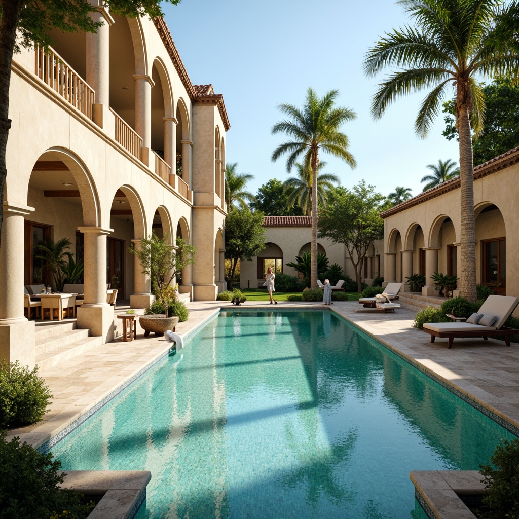 Prompt: Elegant swimming pool, neoclassical architecture, marble floors, ornate columns, grand arches, crystal clear water, turquoise tiles, golden accents, cream-colored stucco, lush greenery, tropical plants, warm sunny day, soft natural lighting, shallow depth of field, 1/1 composition, symmetrical view, realistic textures, ambient occlusion.