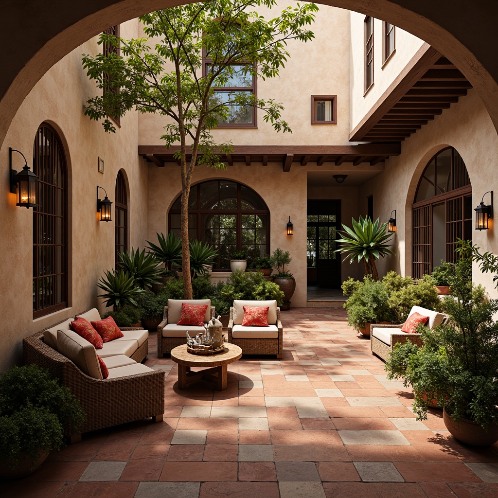 Prompt: Warm Mediterranean courtyard, rustic stone walls, arched windows, ornate ironwork, terra cotta flooring, vibrant colorful tiles, plush outdoor furniture, curved benches, wooden accents, natural fabrics, woven textiles, distressed finishes, earthy color palette, lush greenery, potted plants, lantern-style lighting, warm soft glow, shallow depth of field, 1/1 composition, intimate atmosphere, realistic textures, ambient occlusion.