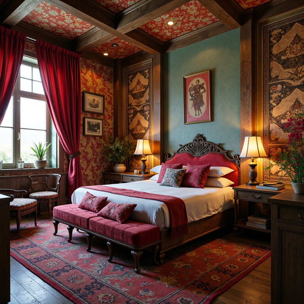 Prompt: Vibrant eclectic bedroom, rich wooden furniture, velvet upholstery, ornate metal frames, distressed finishes, bold patterned rugs, abstract artwork, bohemian-inspired decor, Moroccan tiles, plush throw pillows, vintage accessories, layered lighting, warm ambient glow, shallow depth of field, 1/1 composition, realistic textures, soft focus blur.