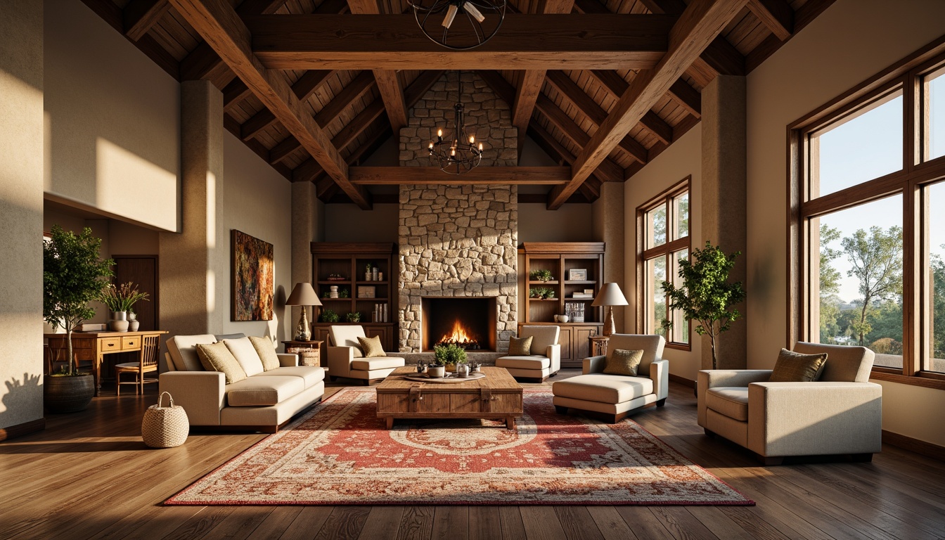 Prompt: Luxurious great room interior, high ceilings, wooden beams, stone fireplace, plush area rugs, comfortable sofas, armchairs, coffee tables, textured surfaces, rough-hewn wood accents, natural stone walls, warm earthy tones, soft golden lighting, cozy atmosphere, 1/1 composition, realistic render, ambient occlusion.