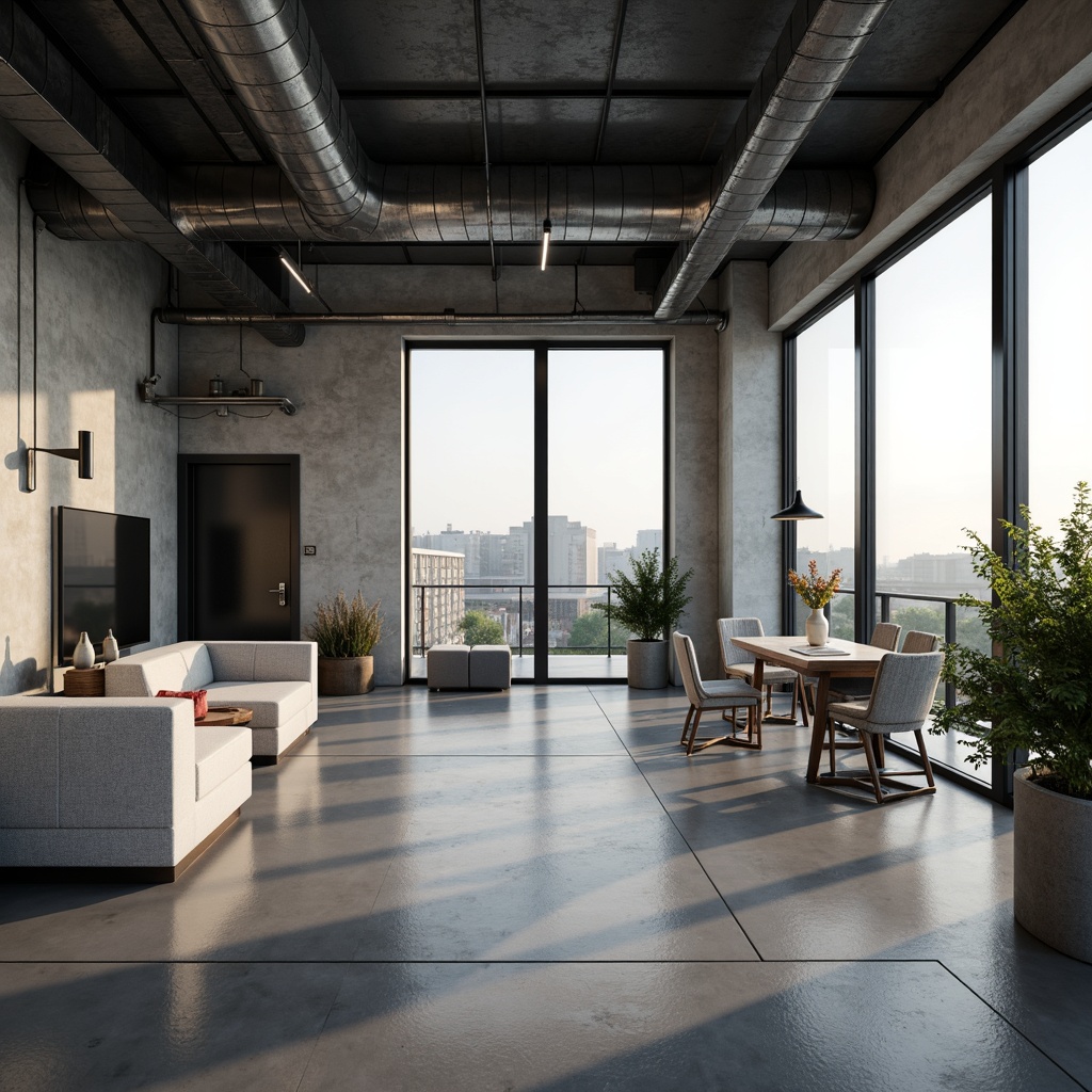 Prompt: Polished concrete floors, industrial chic aesthetic, minimalist interior design, urban loft atmosphere, exposed ductwork, metal beams, floor-to-ceiling windows, sleek lines, modern furniture, monochromatic color scheme, subtle texture contrasts, ambient lighting, soft shadows, shallow depth of field, 1/2 composition, realistic renderings, detailed normal maps.