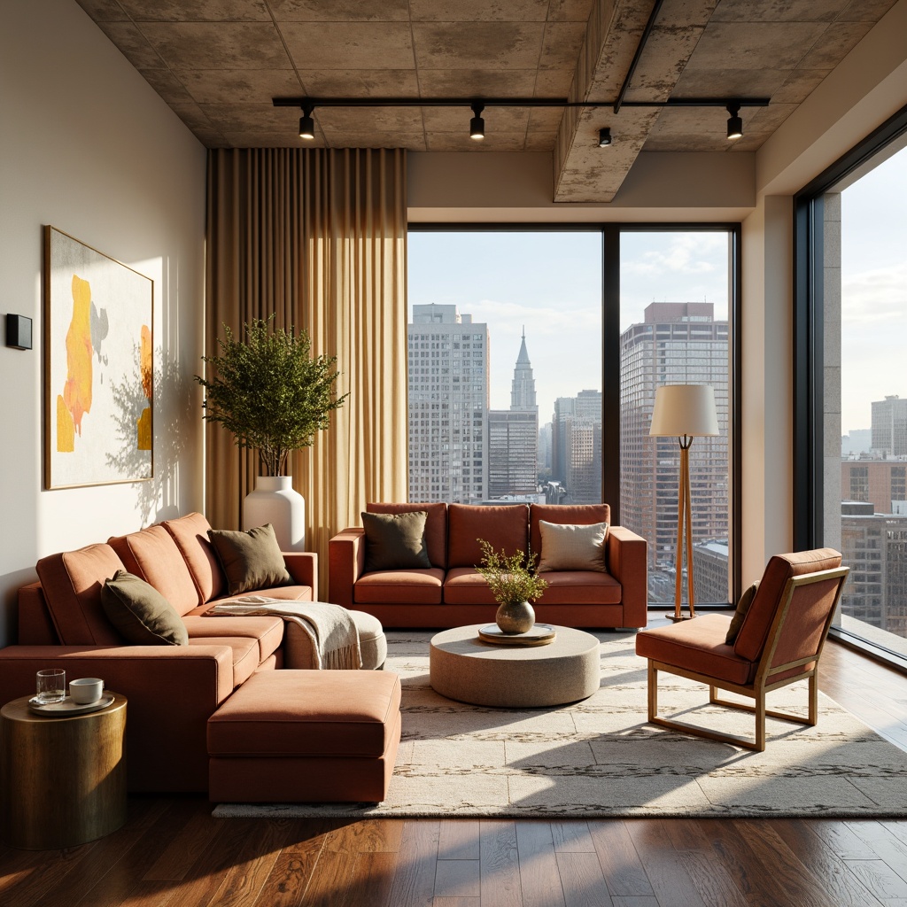 Prompt: Modern living room, neutral beige walls, rich walnut wood flooring, soft velvet sofas, abstract geometric patterns, bold accent colors, metallic gold lighting fixtures, minimalist decorative accessories, natural linen textiles, industrial-chic concrete ceilings, floor-to-ceiling windows, urban cityscape views, warm afternoon sunlight, shallow depth of field, 1/2 composition, realistic reflections, ambient occlusion.